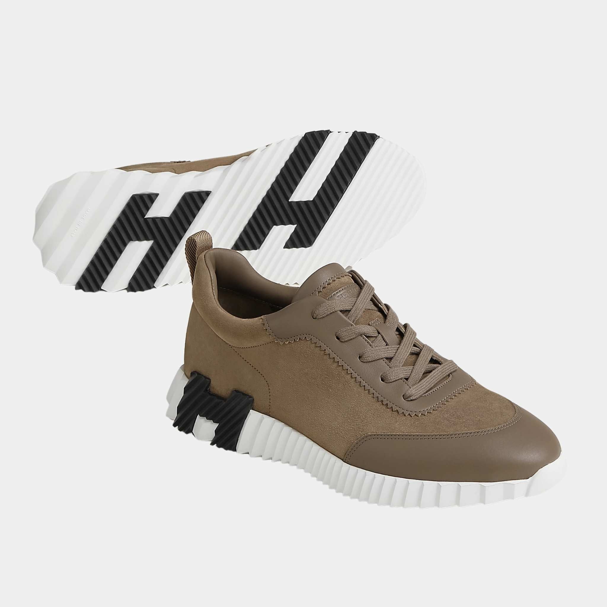 Hermes Bouncing Sneaker Suede Upper Calfskin Men, Etoupe, Front