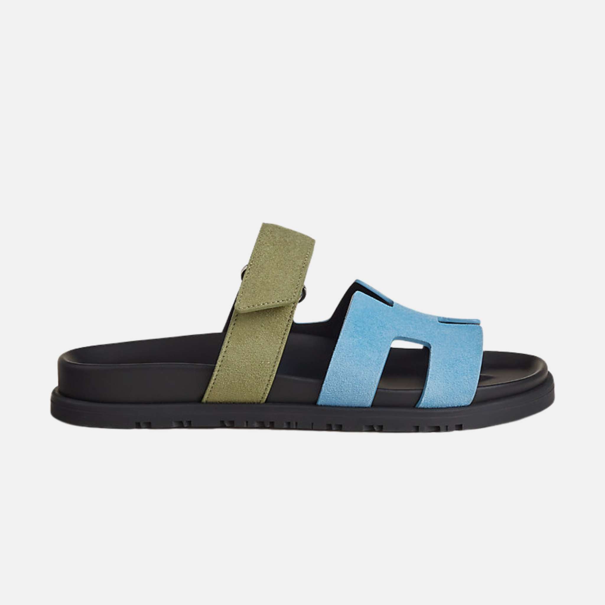 Hermes Chypre Sandal Duo Tone Suede, Bleu Cameo / Vert Celadon, Side