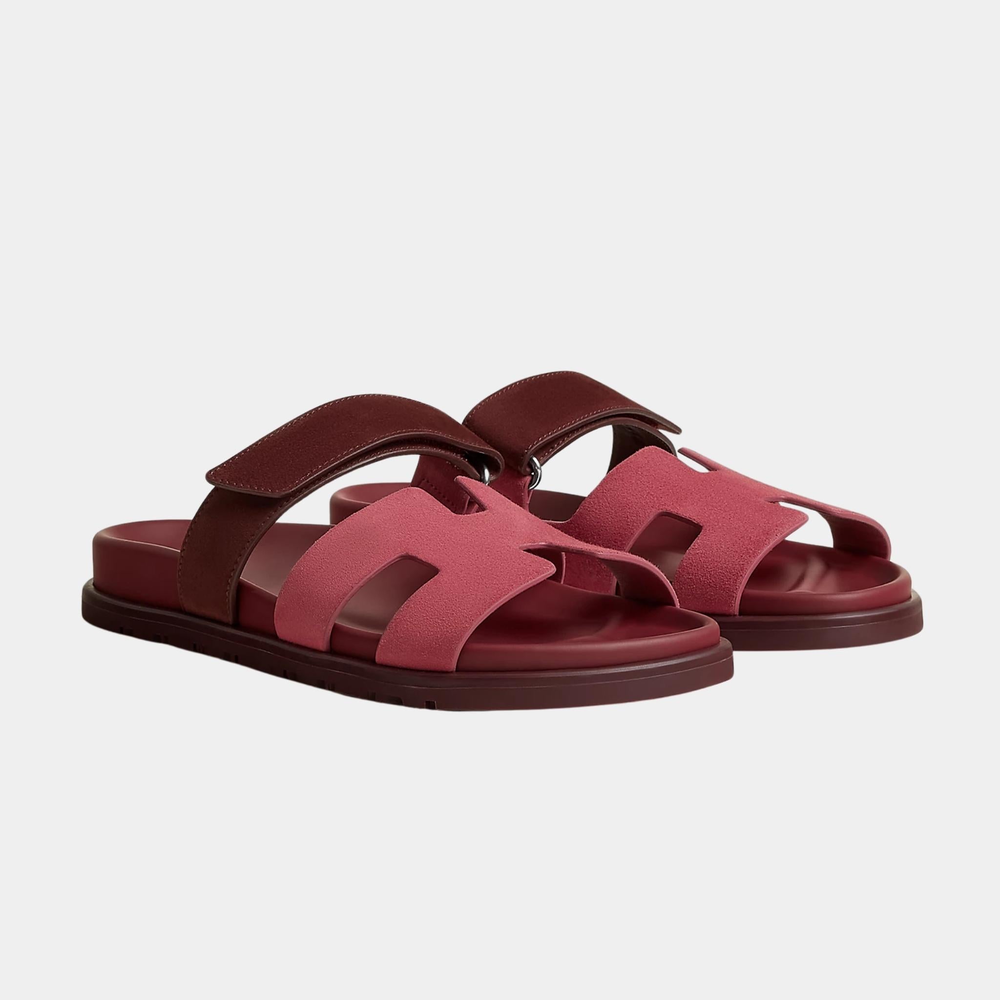 Hermes Chypre Sandal Duo Tone Suede, Rose Pinson, Marron Palissandre, Front