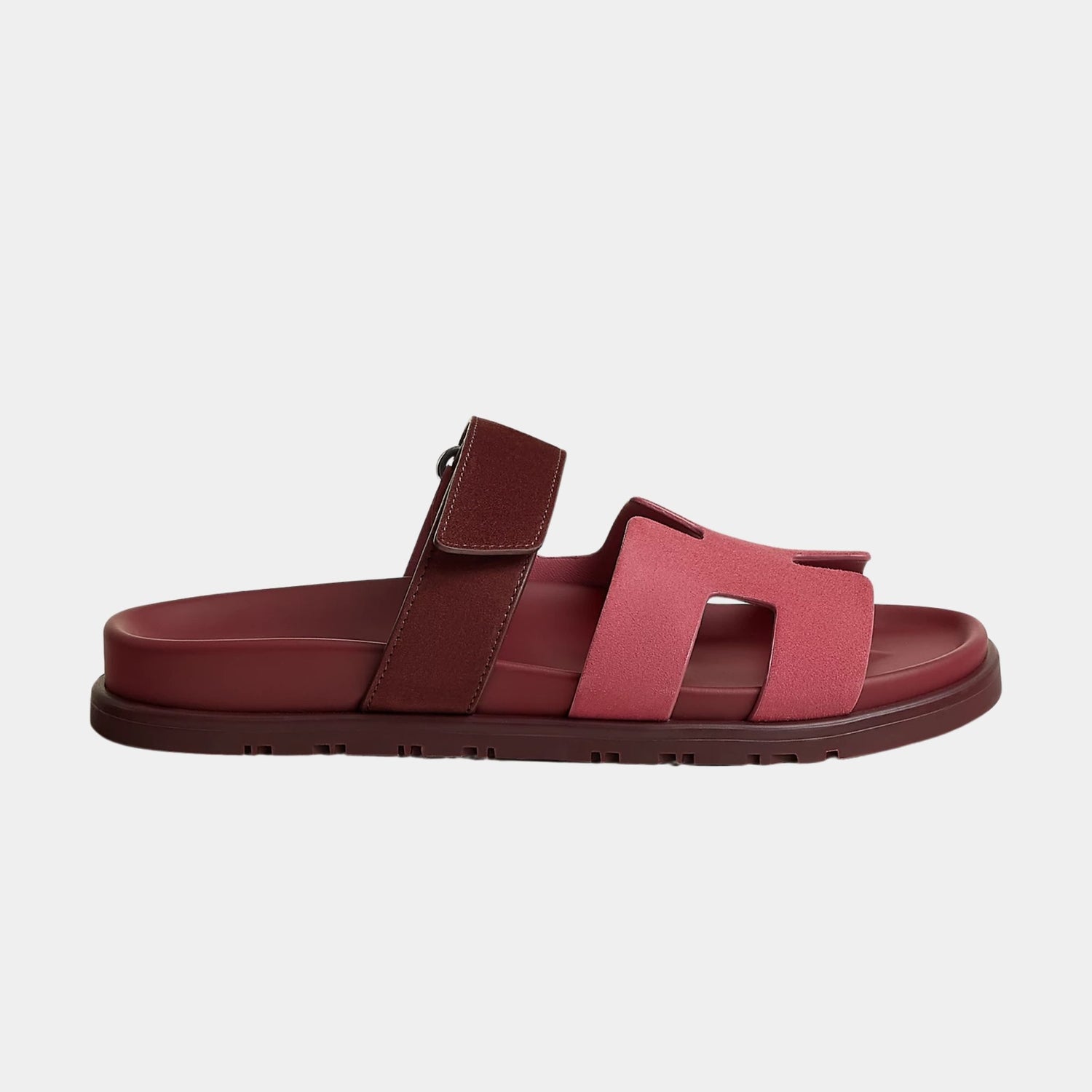 Hermes Chypre Sandal Duo Tone Suede, Rose Pinson, Marron Palissandre, Side