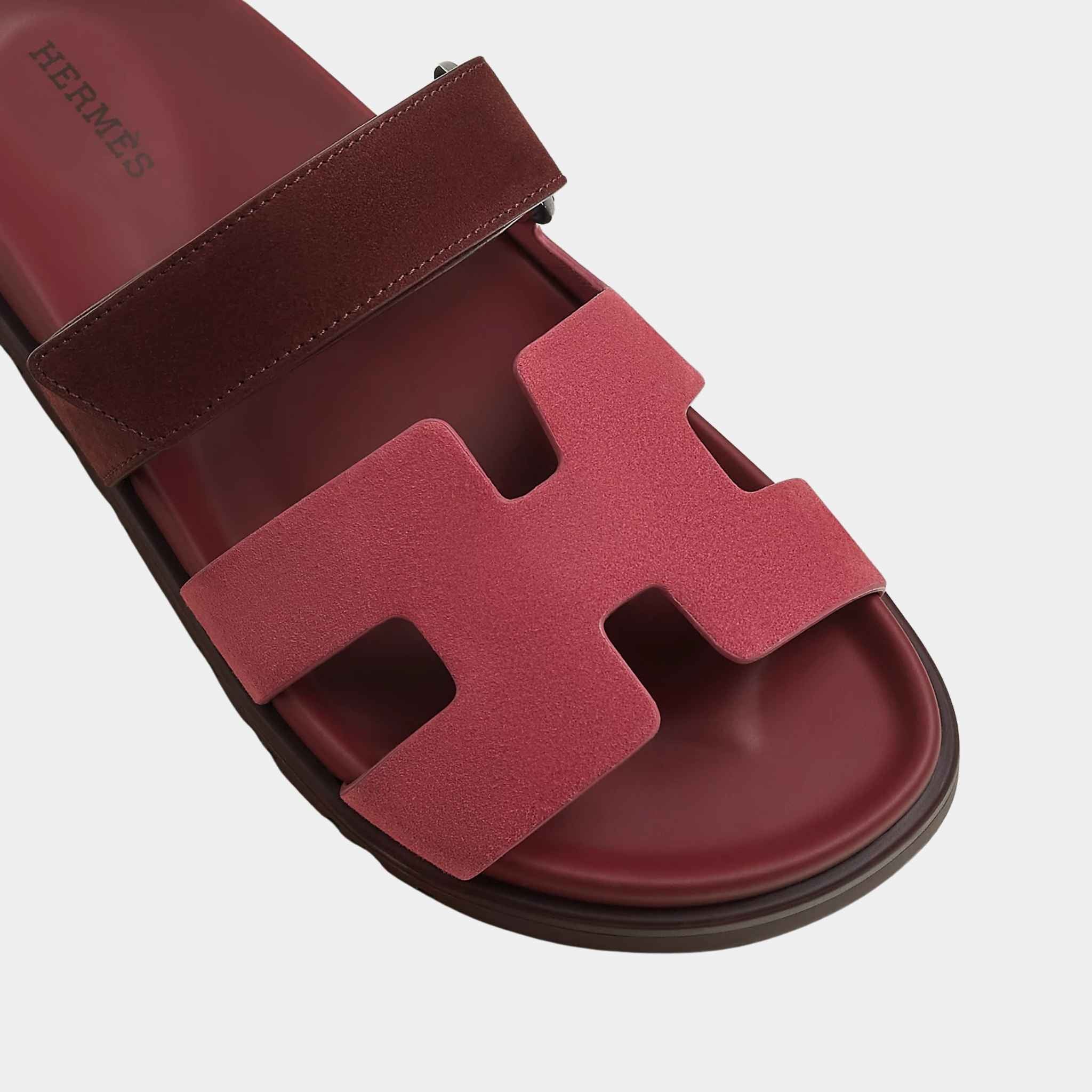 Hermes Chypre Sandal Duo Tone Suede, Rose Pinson, Marron Palissandre, Top