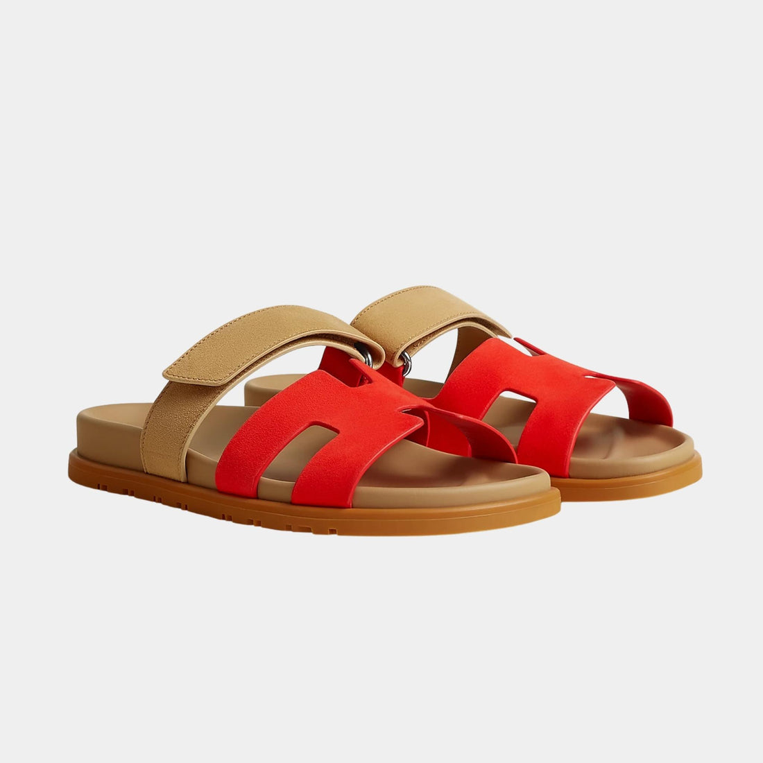 Hermes Chypre Sandal Duo Tone Suede Women, Rouge Grenadine, Beige Albinos, Front