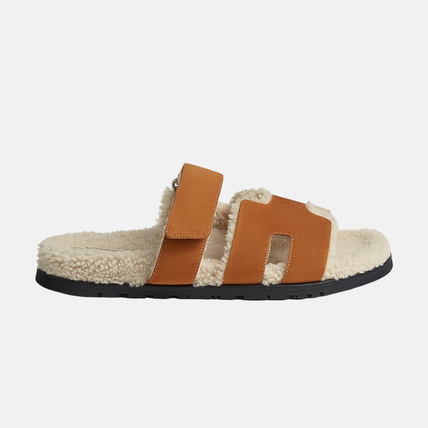 hermes-chypre-sandal-suede-goatskin-with-shearling-lining-beige-kraft-ecru-front-view