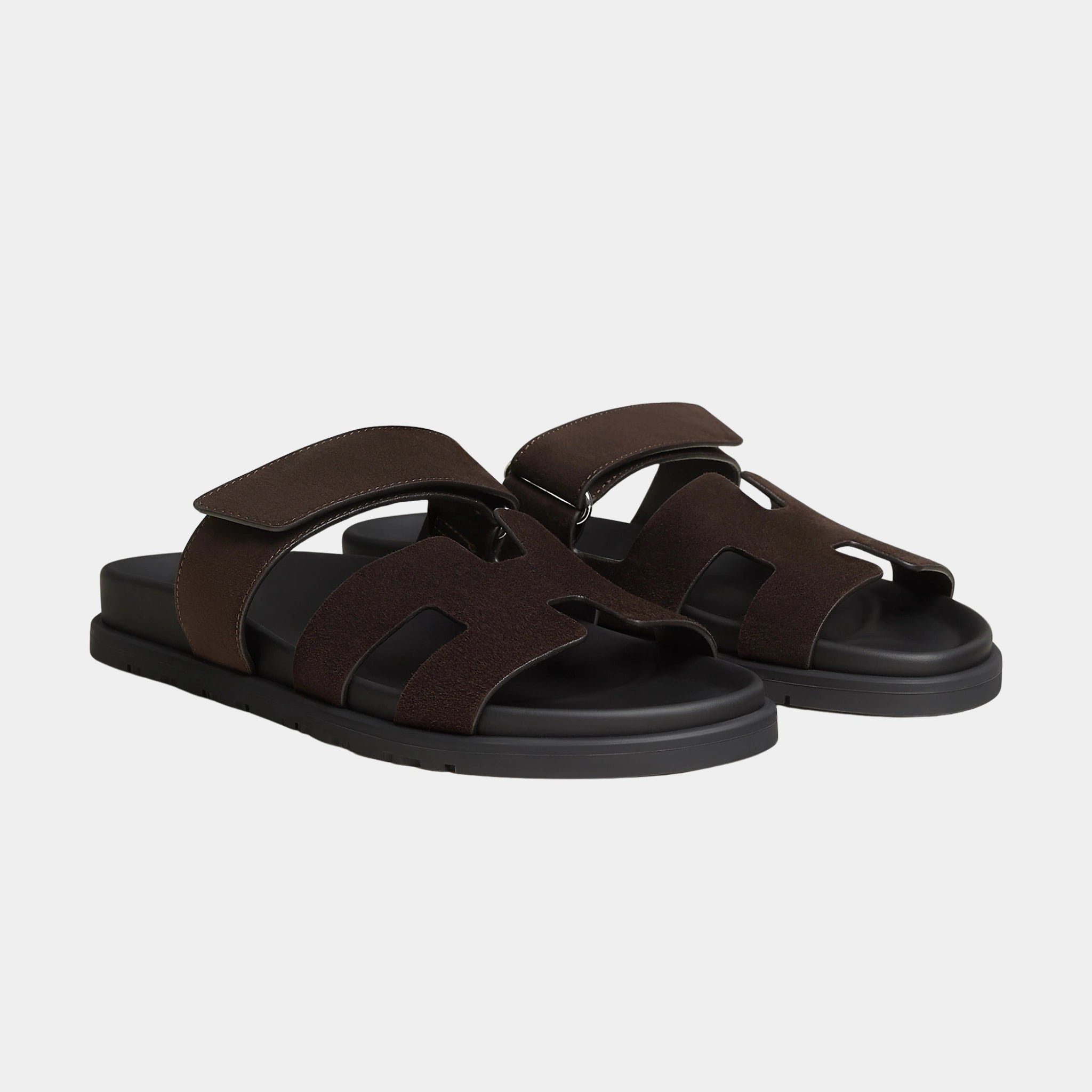 Hermes Chypre Sandals Suede Goatskin Women, Marron Ebene, Front
