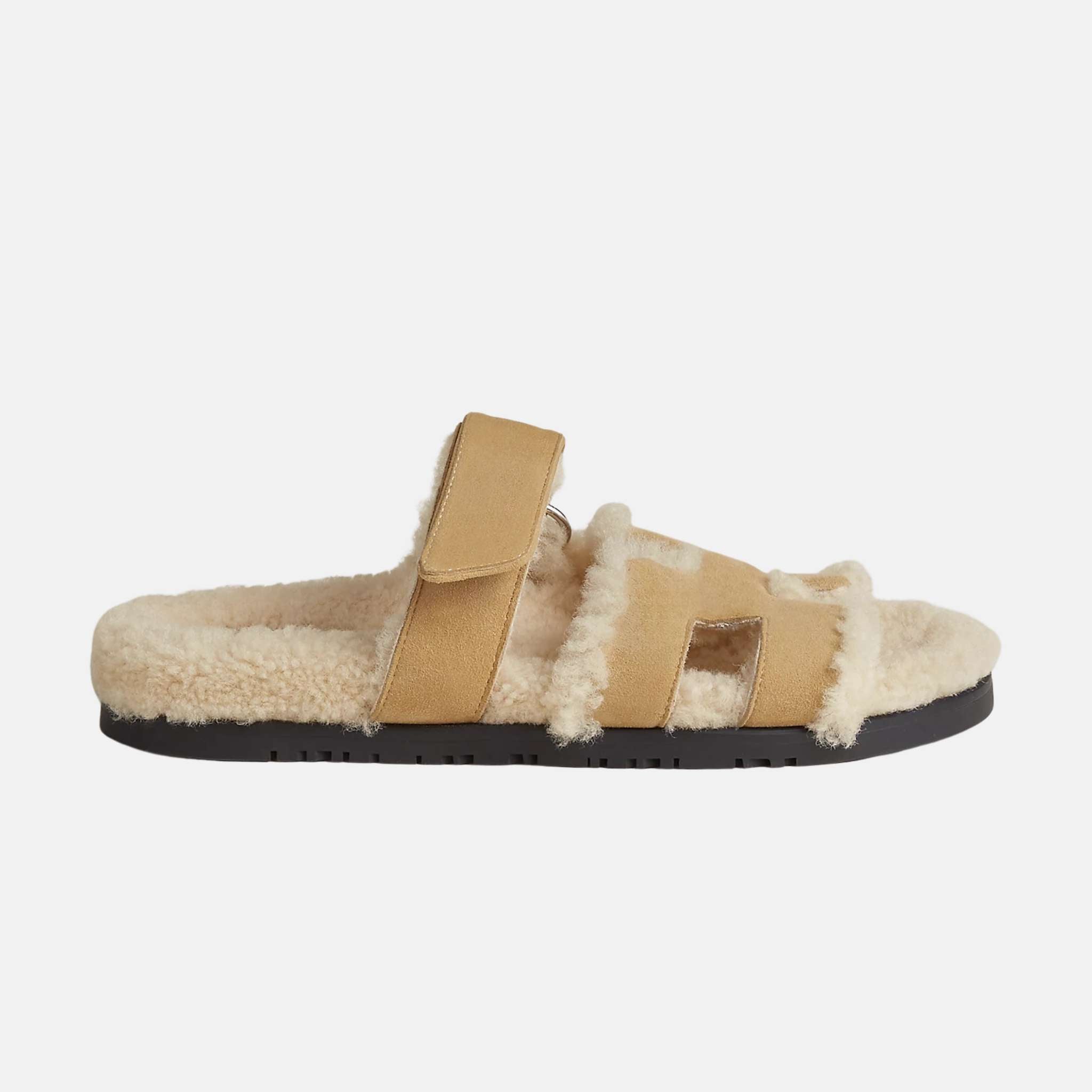 Hermes Chypre Sandal Suede With Shearling, Beige, Side