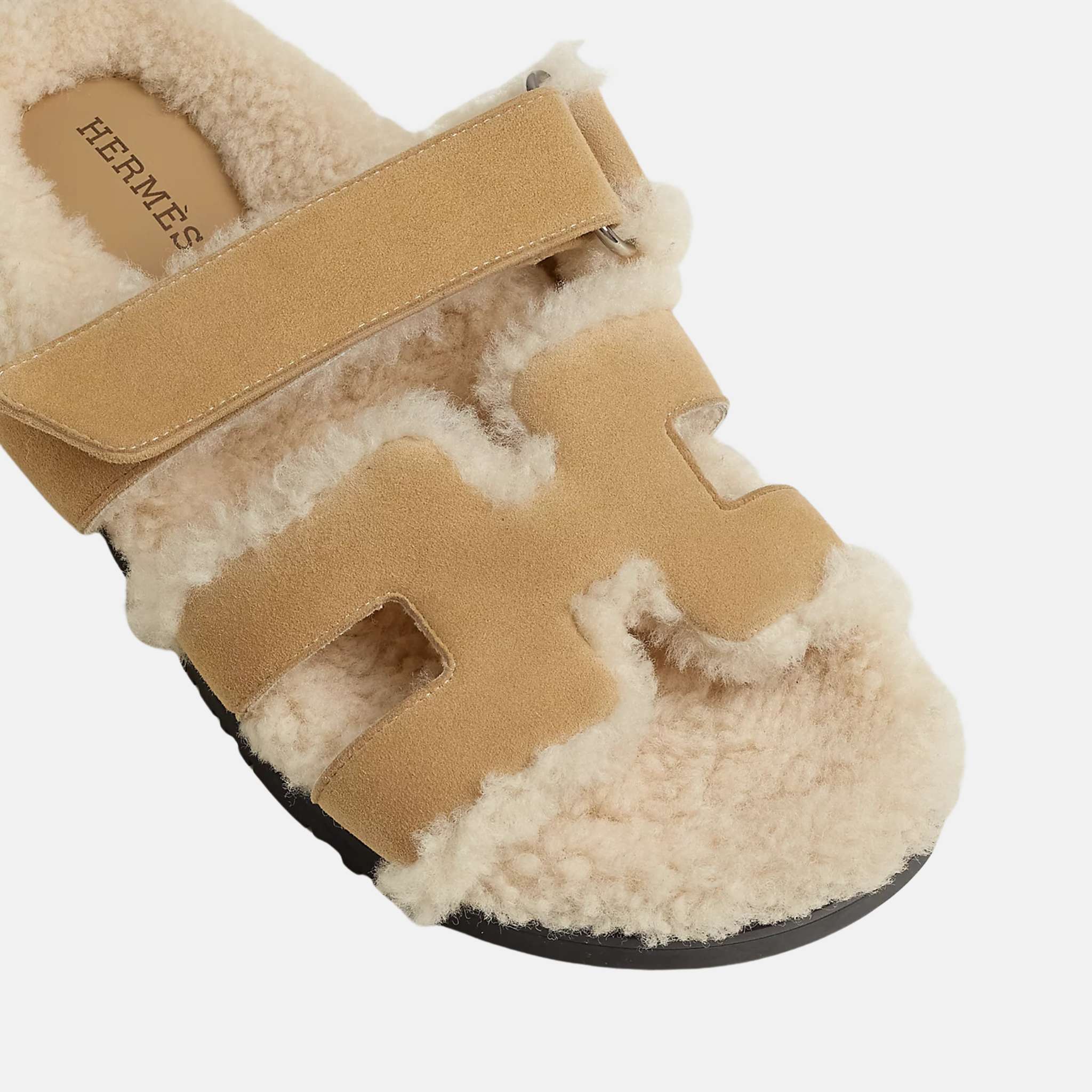 Hermes Chypre Sandal Suede With Shearling, Beige, Top