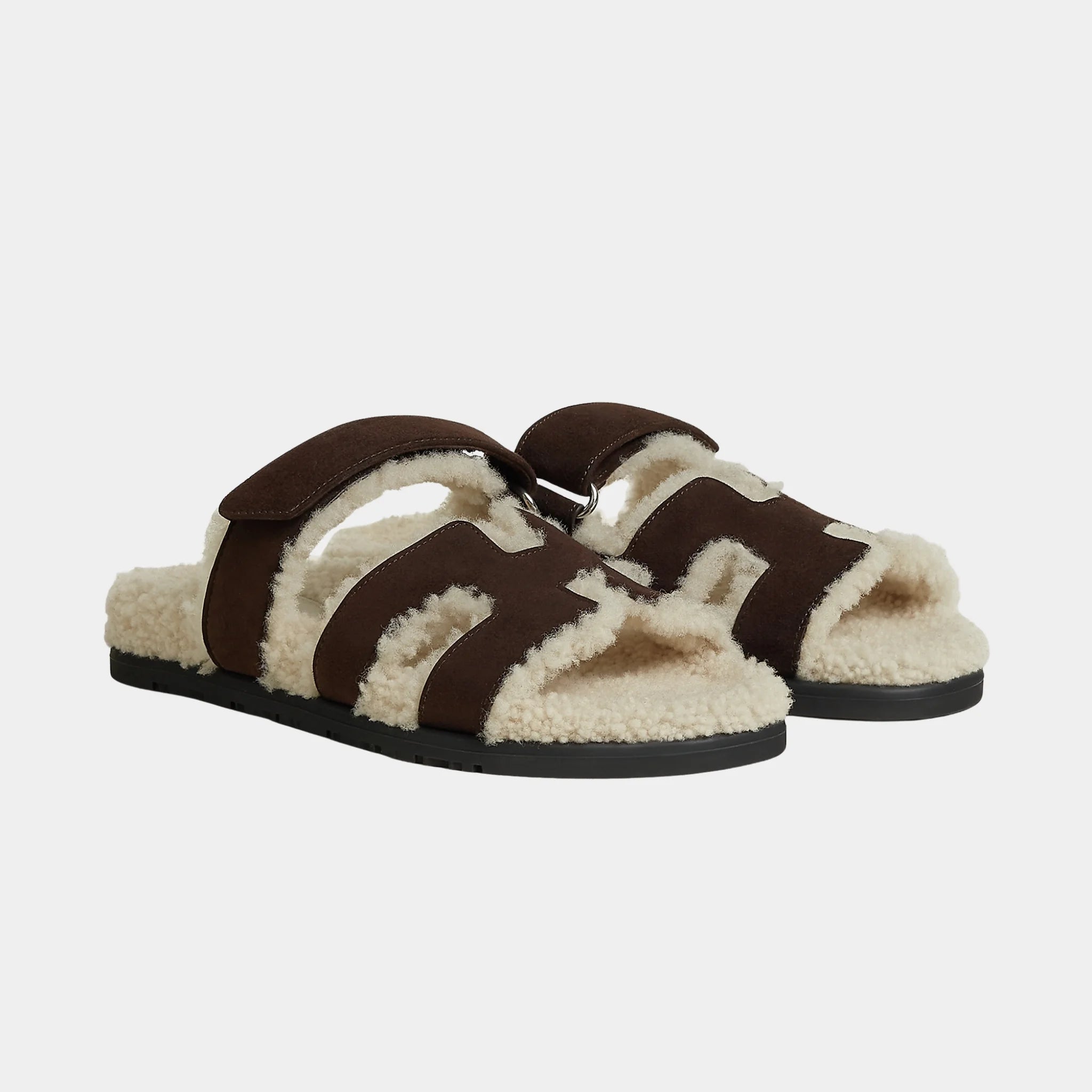 Hermes Chypre Sandal Suede With Shearling Women, Marron Ebene, Ecru, Front