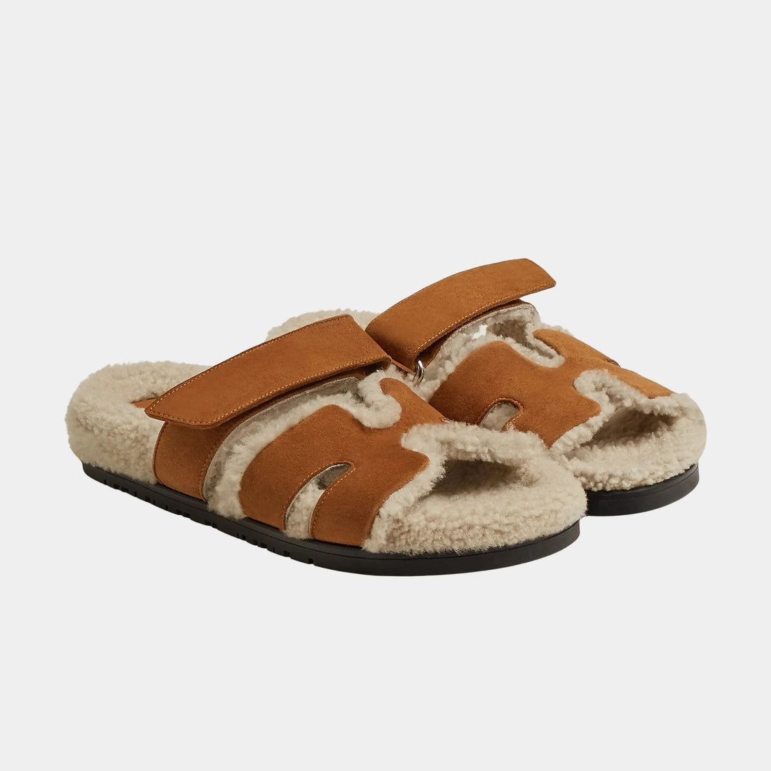 Hermes Chypre Sandal Suede With Shearling Women, Naturel, Ecru, Front