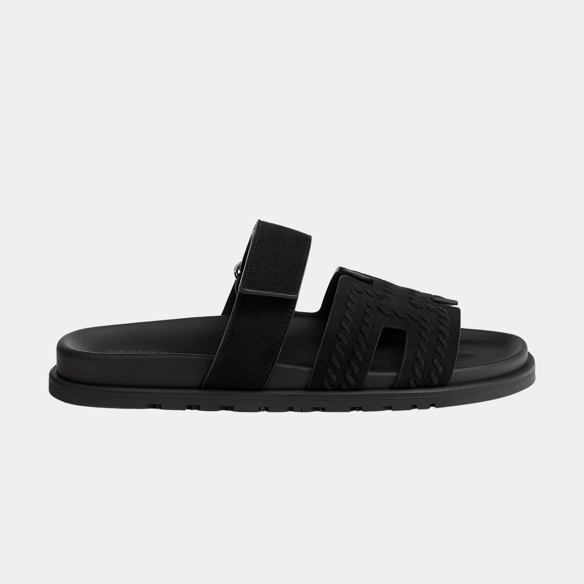Hermes Chypre Sandals in Braided Suede Goatskin, Noir, Side
