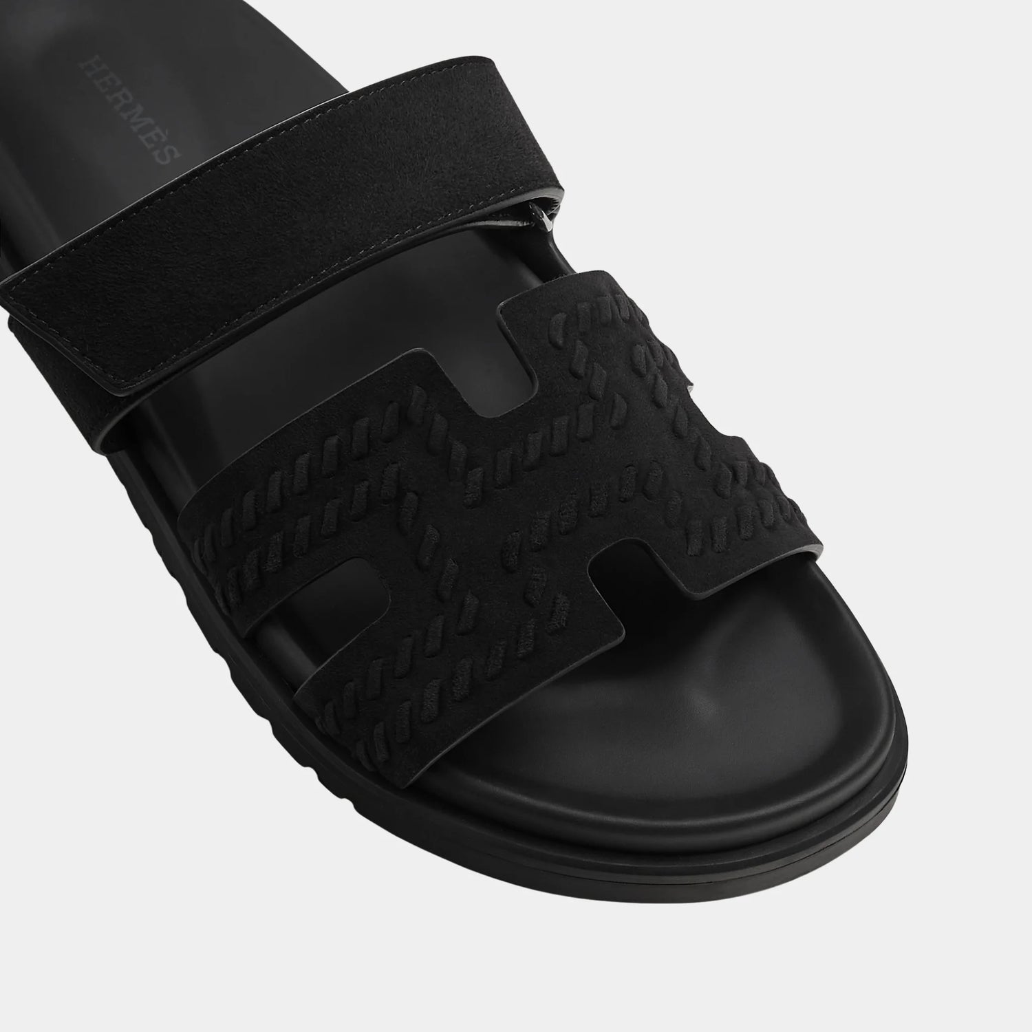 Hermes Chypre Sandals in Braided Suede Goatskin, Noir, Top