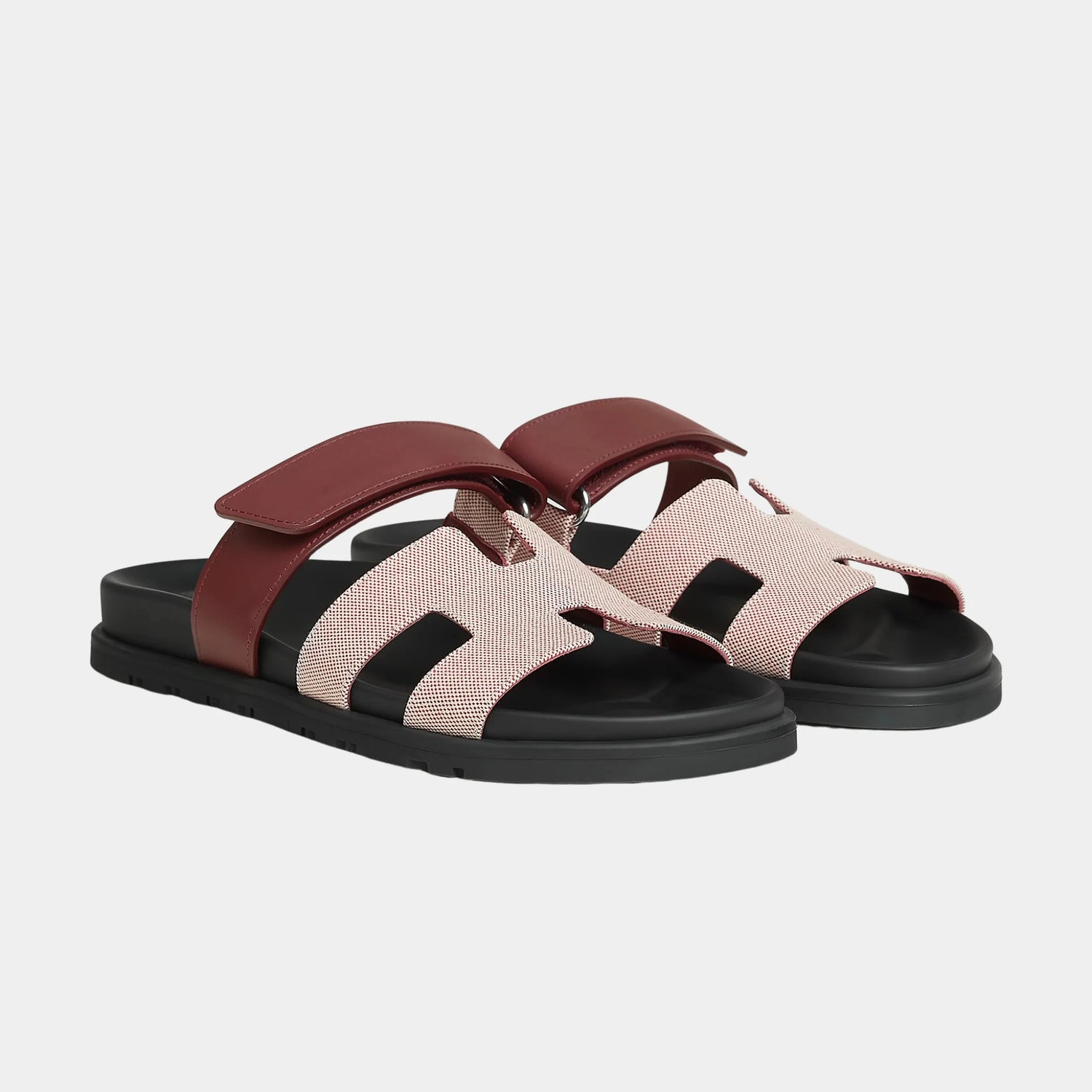 Hermes Chypre Sandals in Canvas and Calfskin, Rouge H, Front