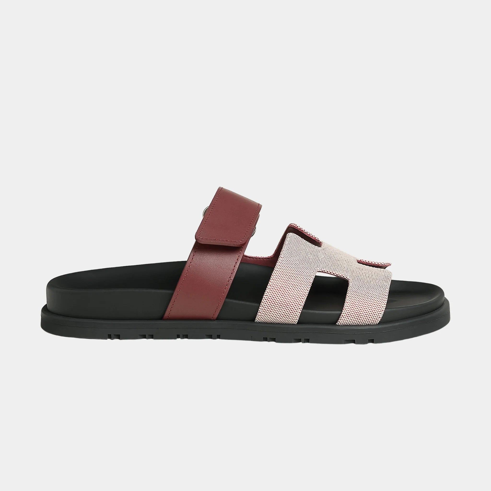 Hermes Chypre Sandals in Canvas and Calfskin, Rouge H, Side