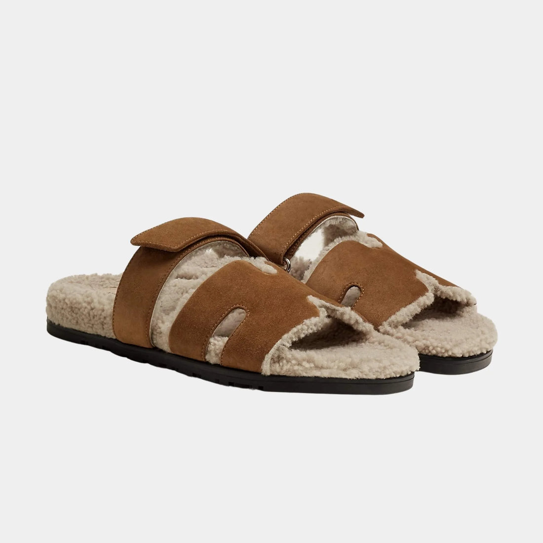 Hermes Chypre Sandals Suede Goatskin and Shearling Men, Brun Fume, Ecru, Front