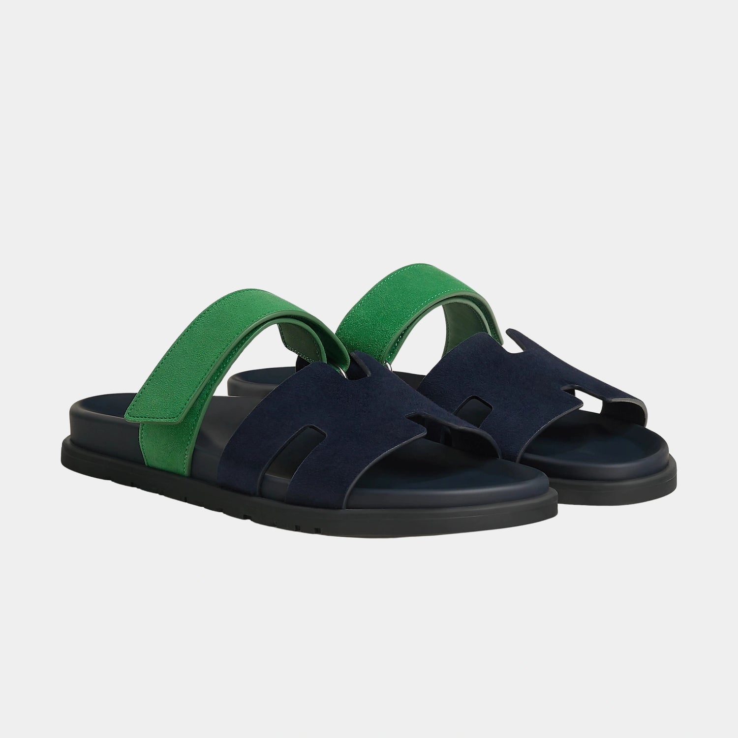 Hermes Chypre Sandals Two Tone Suede Goatskin Men, Marine, Vert Jungle, Front