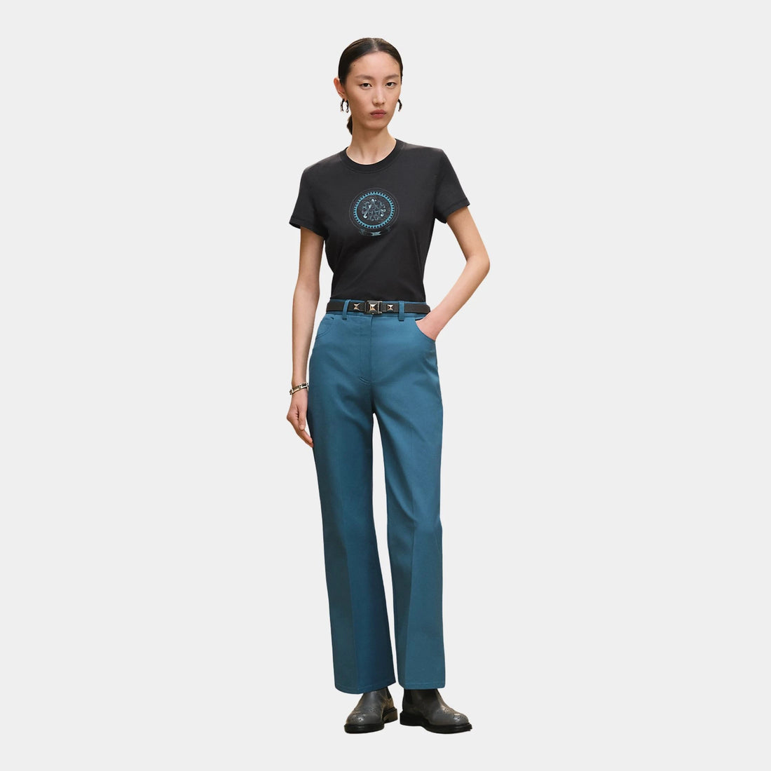 Hermes Coloriages de Jour Print Straight T-shirt, Bleu Noir, Front