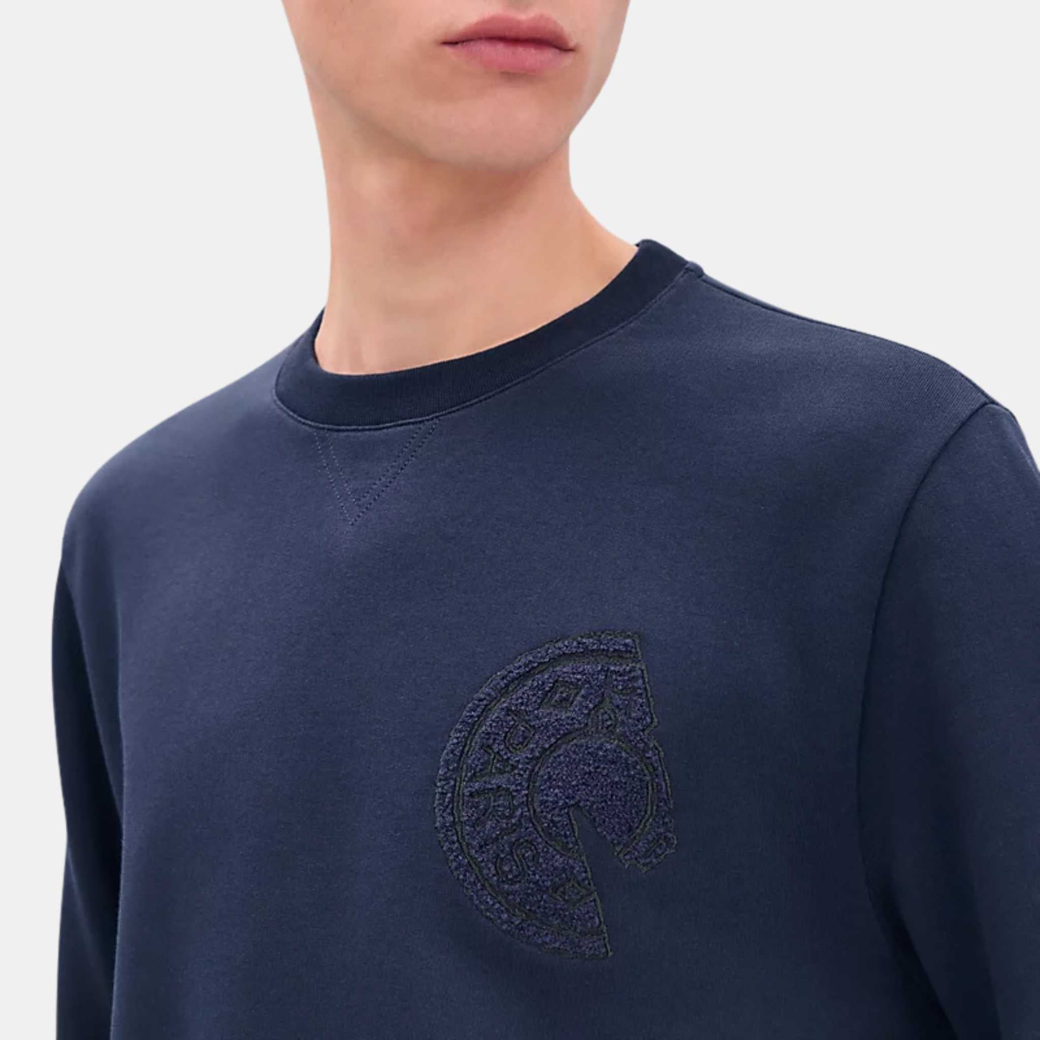 Hermes Crewneck Sweater With Clou De Selle Detail Ocean, Model, Closeup