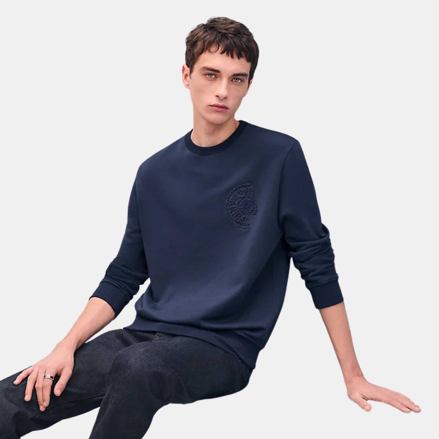 Hermes Crewneck Sweater With Clou De Selle Detail Ocean, Front, Model