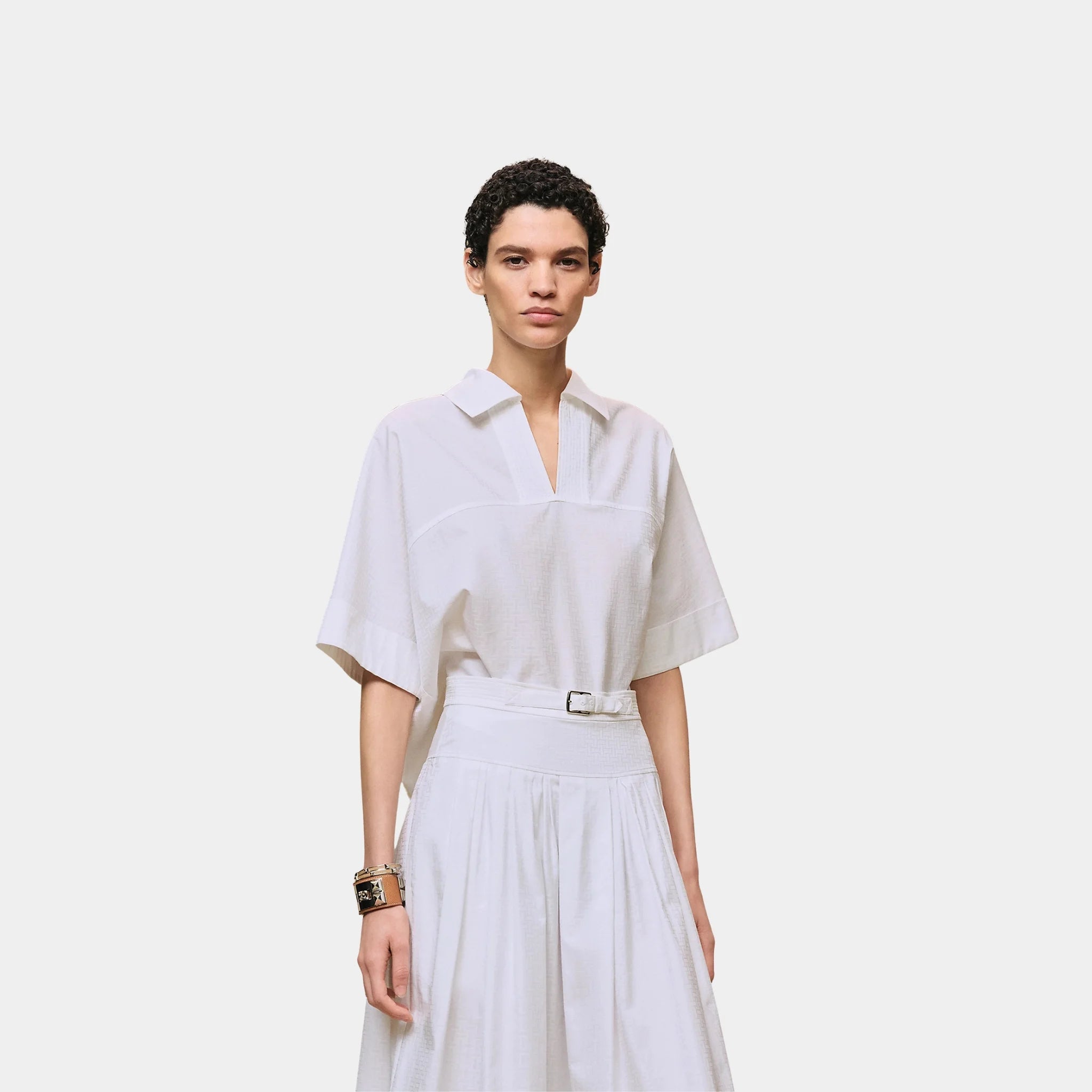 Hermes Cropped Polo Blouse in Mosaique Gauze, Blanc, Front