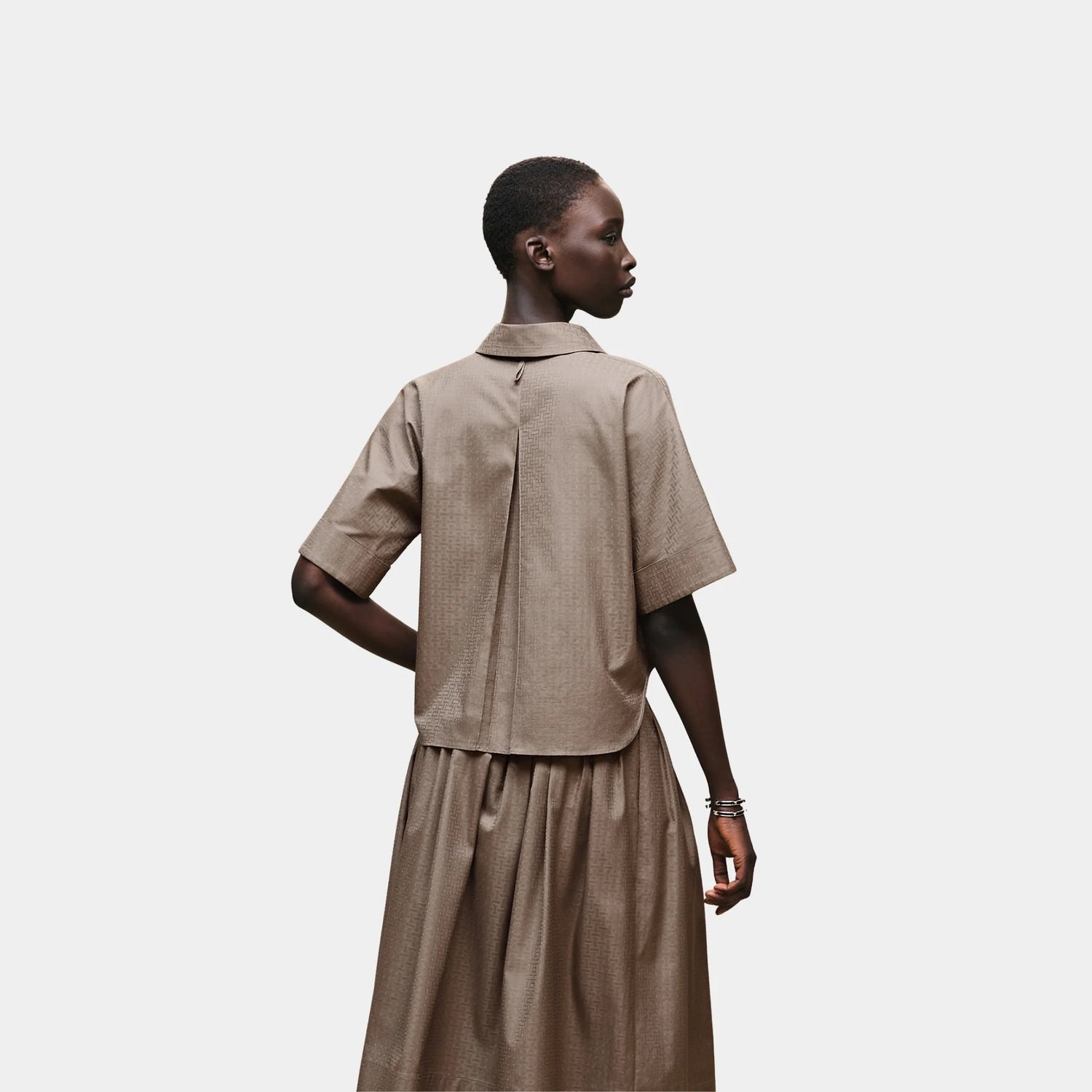 Hermes Cropped Polo Blouse in Mosaique Gauze, Gris, Etoupe, Back