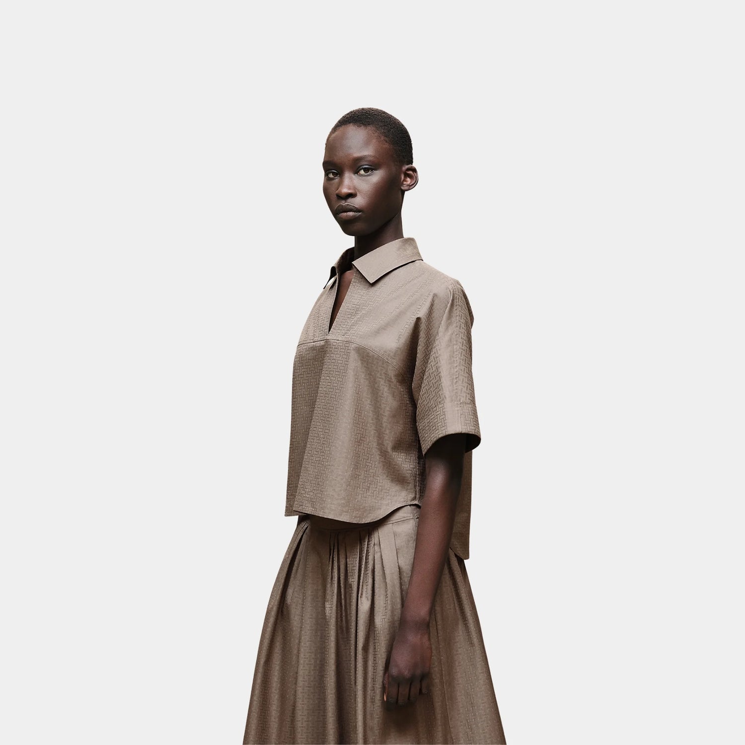 Hermes Cropped Polo Blouse in Mosaique Gauze, Gris, Etoupe, Front