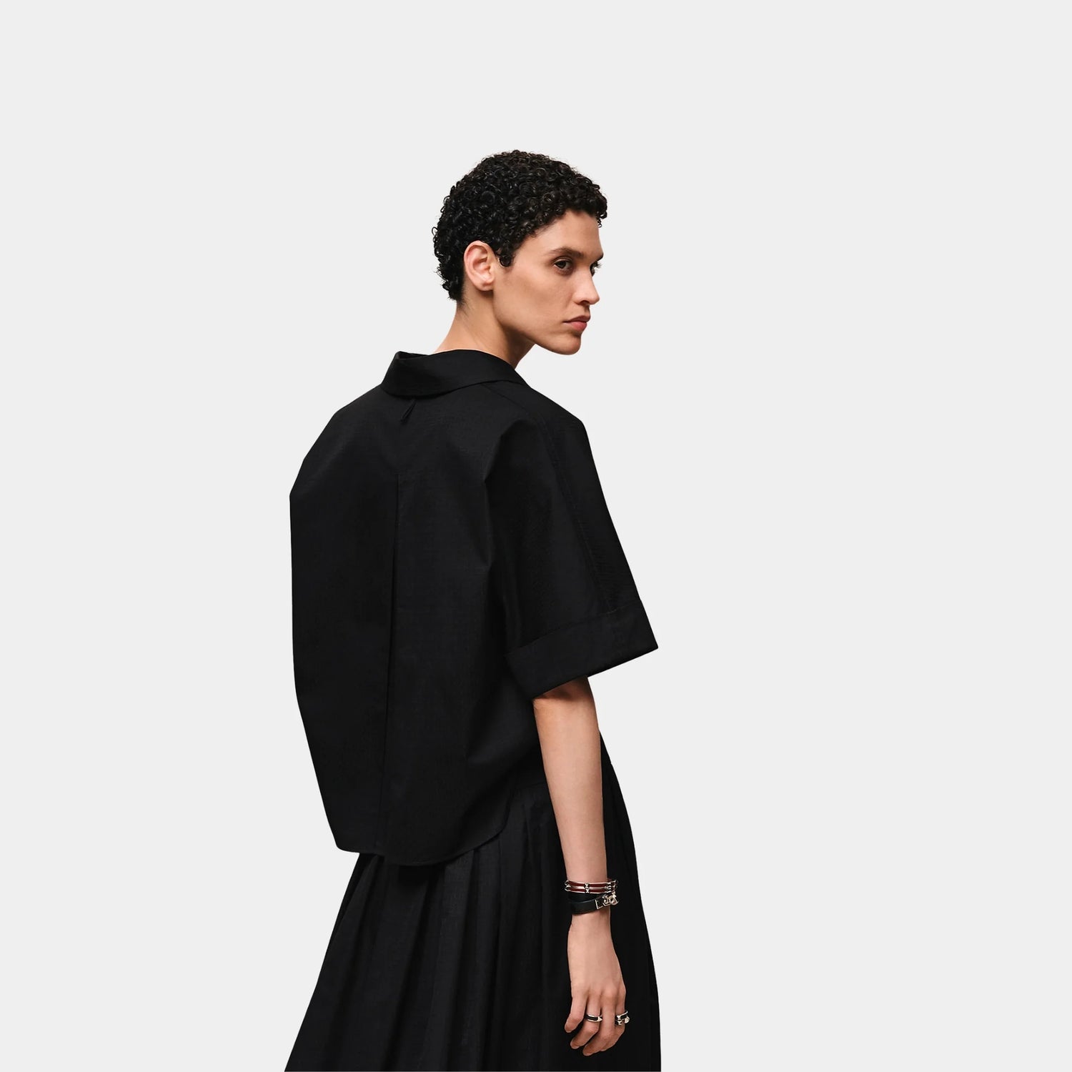 Hermes Cropped Polo Blouse in Mosaique Gauze, Noir, Back
