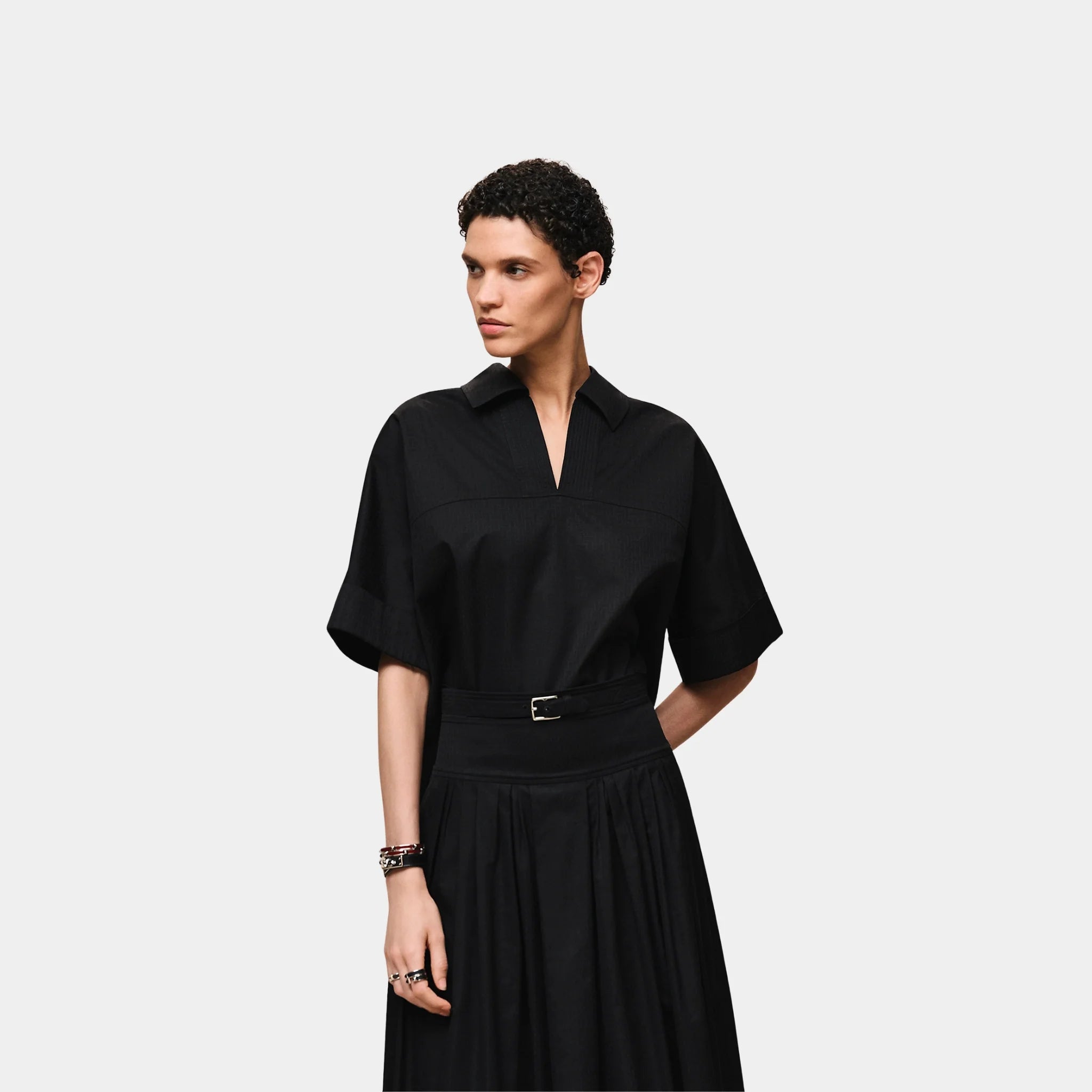 Hermes Cropped Polo Blouse in Mosaique Gauze, Noir, Front