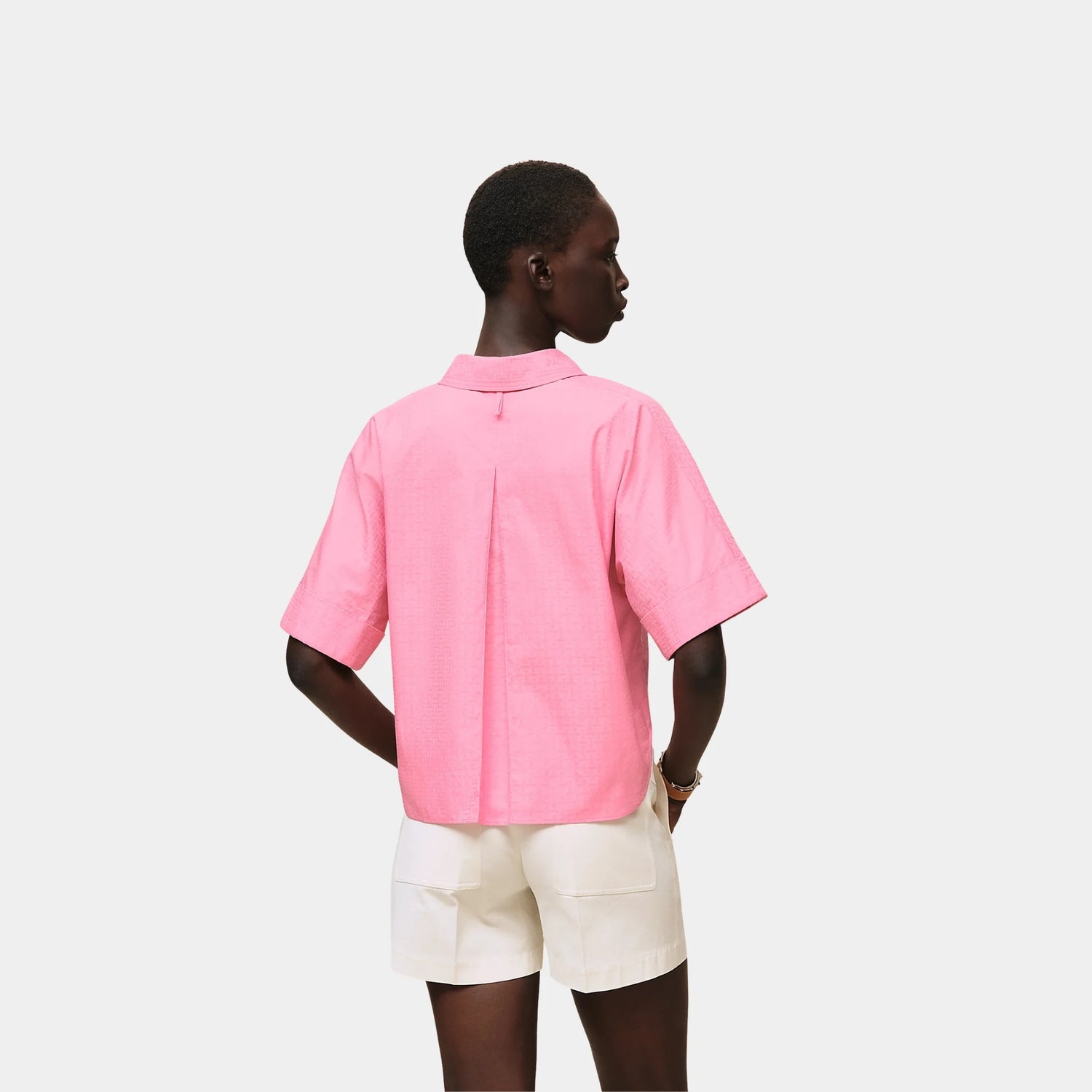 Hermes Cropped Polo Blouse in Mosaique Gauze, Rose Bonbon, Back