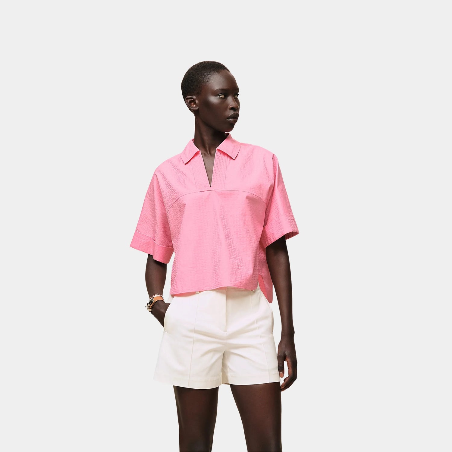 Hermes Cropped Polo Blouse in Mosaique Gauze, Rose Bonbon, Front