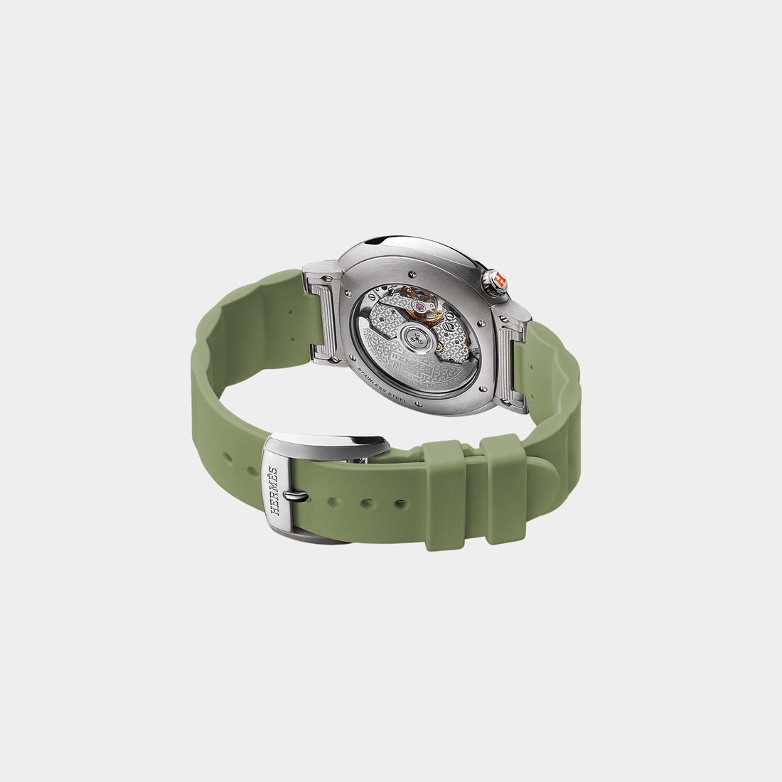 alt
ساعة Hermes Cut 36 مم من الفولاذ مع سوار مطاطي أخضر كريكيت، من الخلف