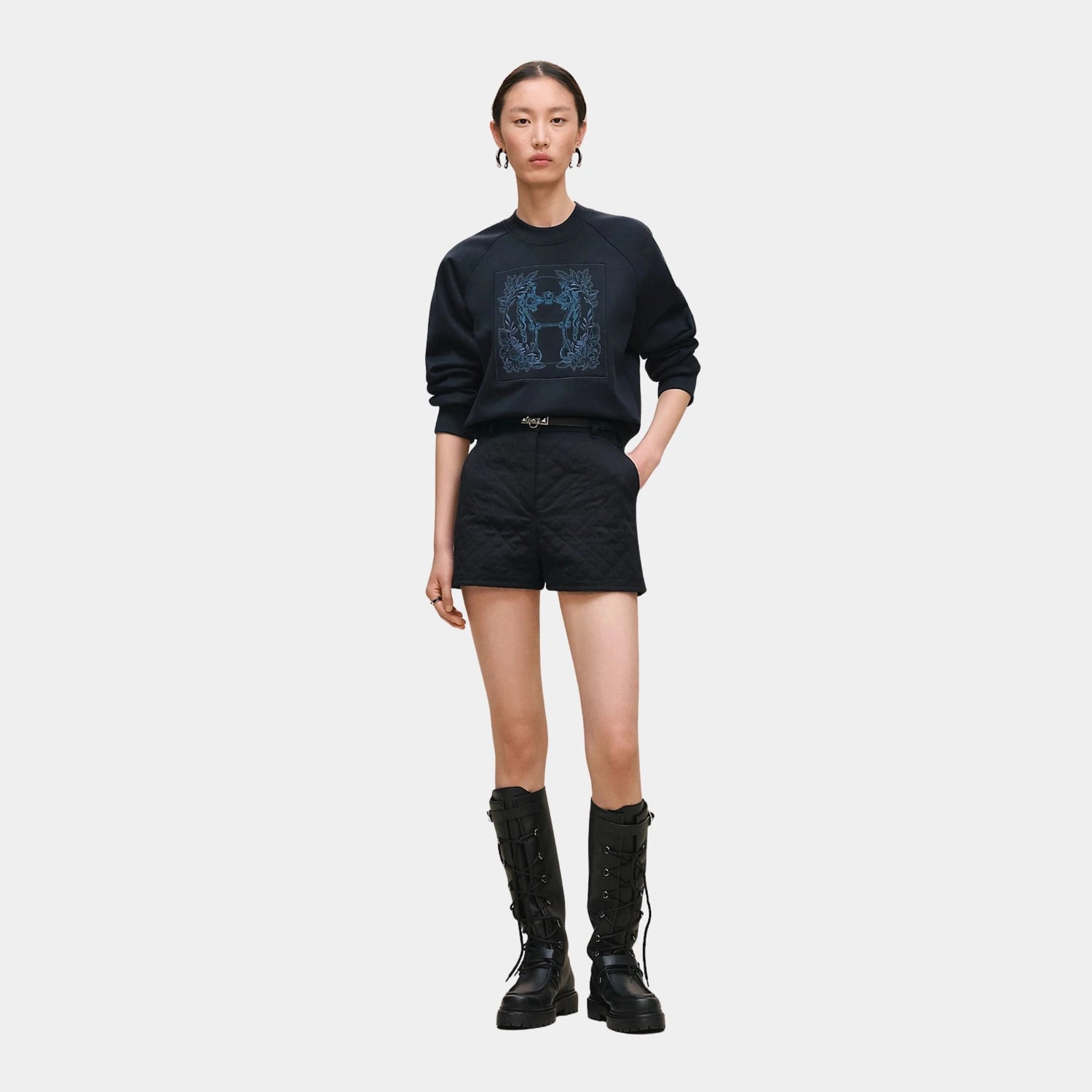 Hermes Della Cavalleria Raglan Sleeve Embroidered Sweatshirt, Bleu Marine, Front