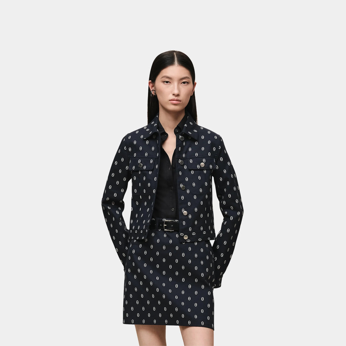 Hermes Denim-inspired Jacket with Anchor Chain Print, Bleu Marine, Front