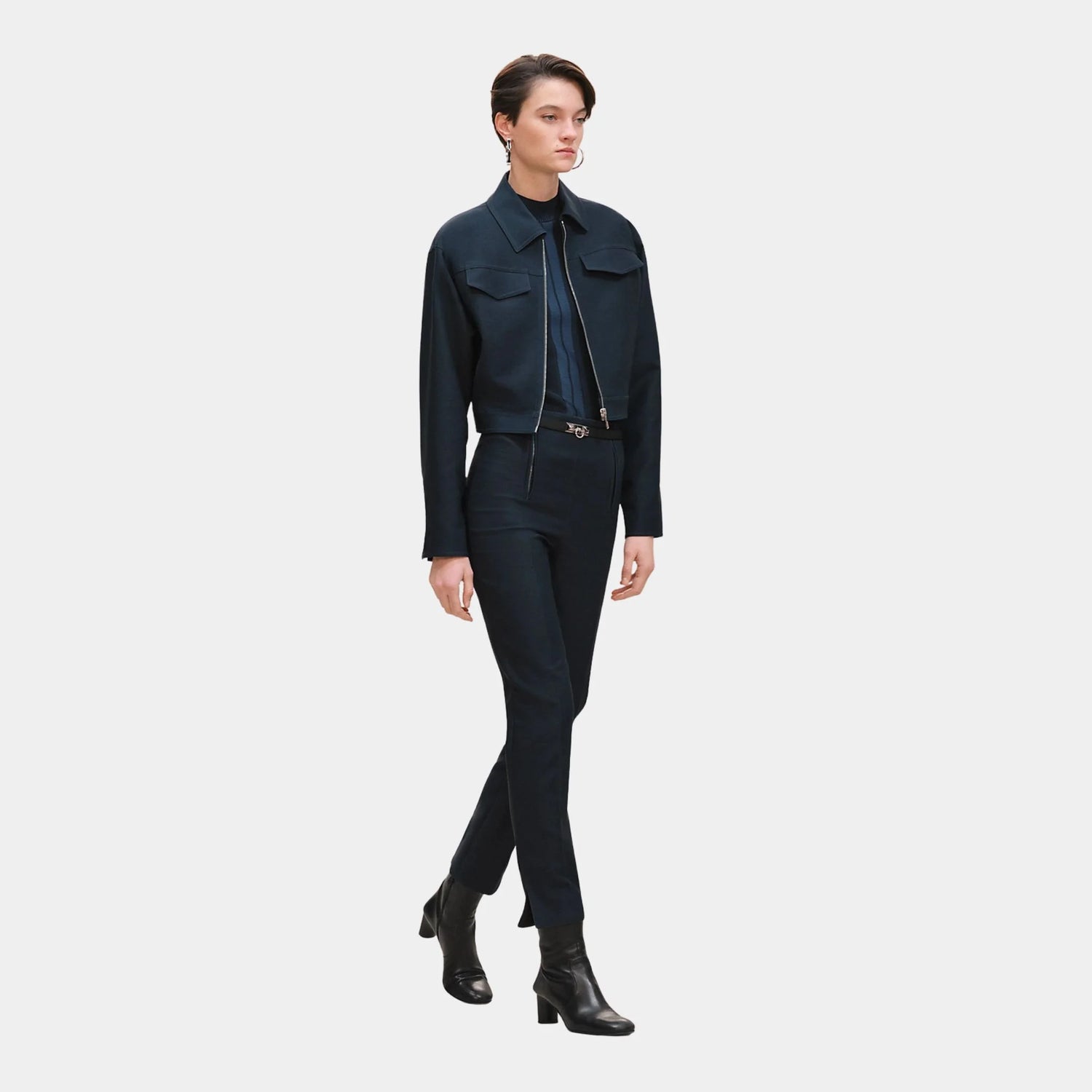 Hermes Denim Inspired Zip-Up Jacket, Bleu Celeste, Model, Front