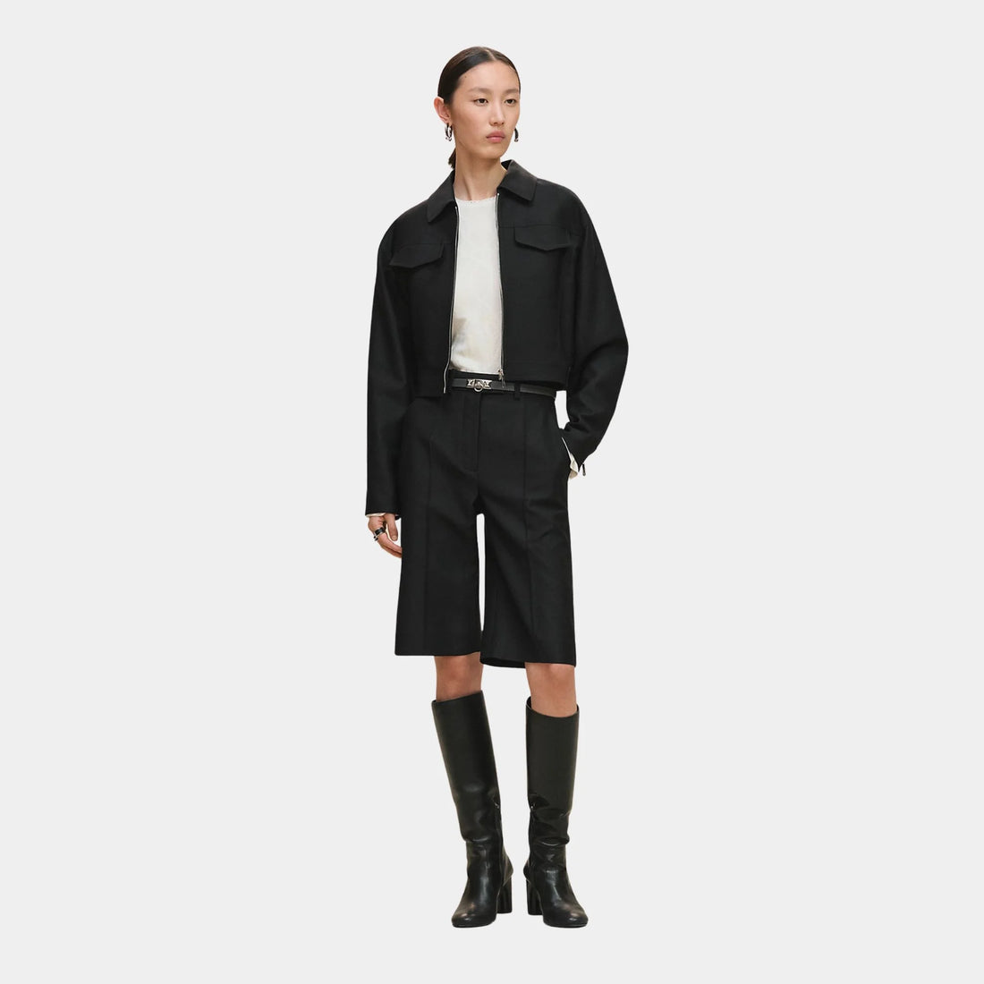 Hermes Denim Inspired Zip-Up Jacket, Noir, Model, Front