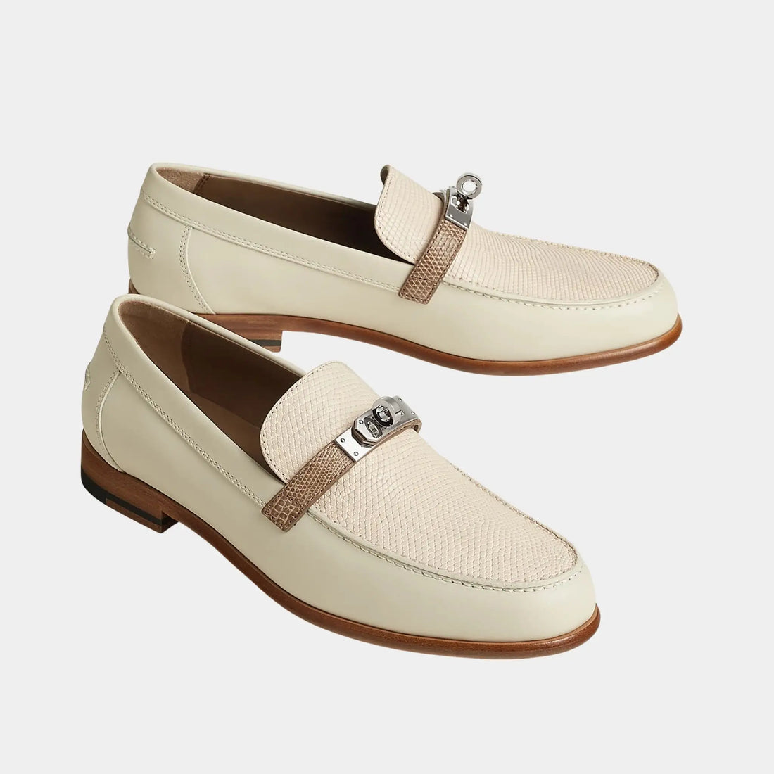Hermes Destin Loafers in Calfskin and Shiny Lizard, Beige Glaise, Front