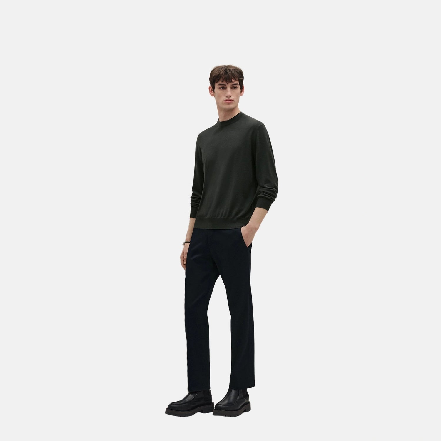 Hermes Detail H Crewneck Sweater, Vert Chrome, Front