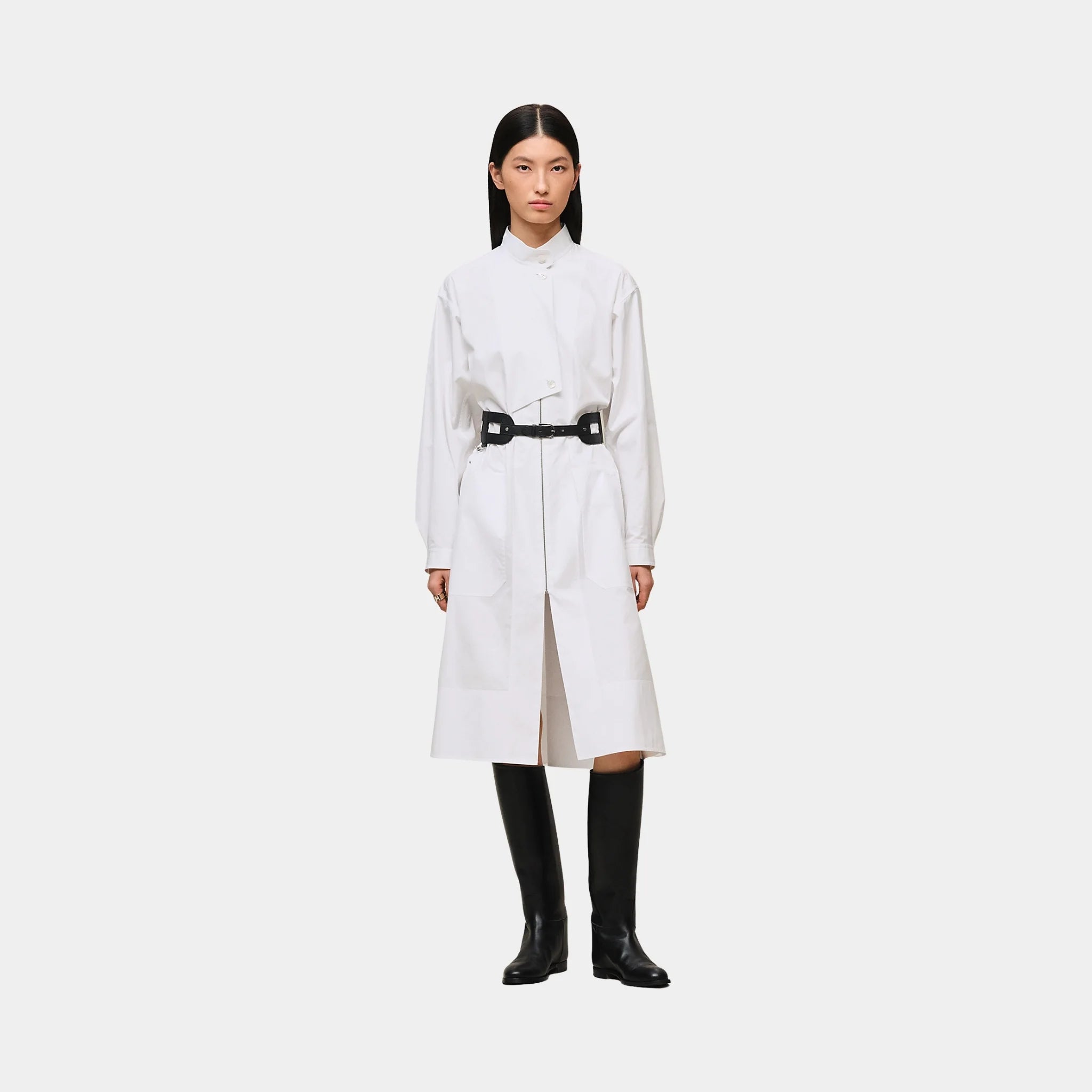 Hermes Drawstring Dress in Cotton Twill, Blanc, Front