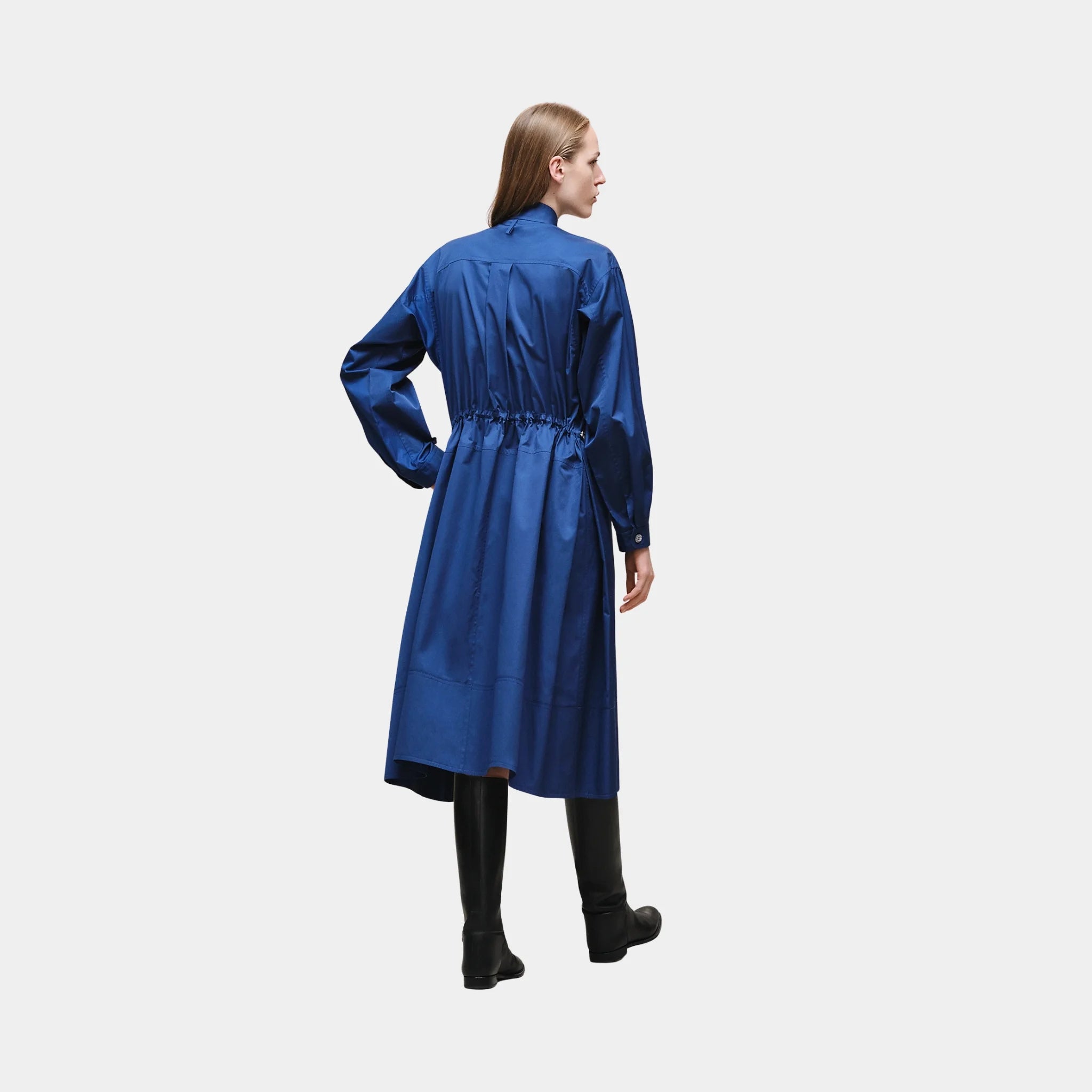 Hermes Drawstring Dress in Cotton Twill, Bleu Lagune, Back