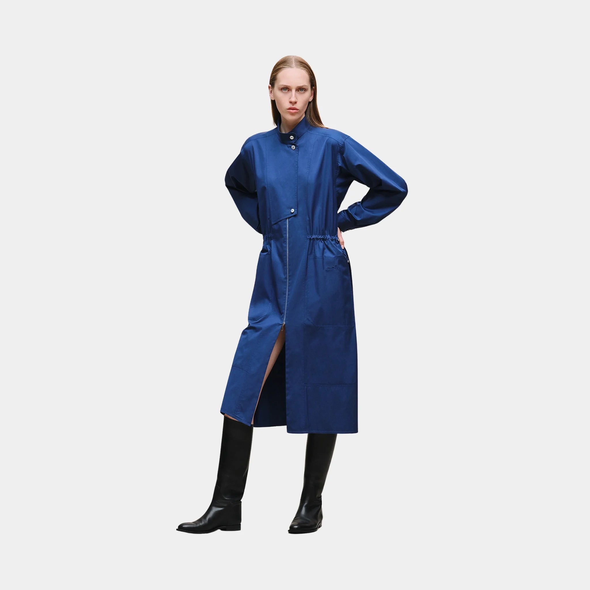 Hermes Drawstring Dress in Cotton Twill, Bleu Lagune, Front