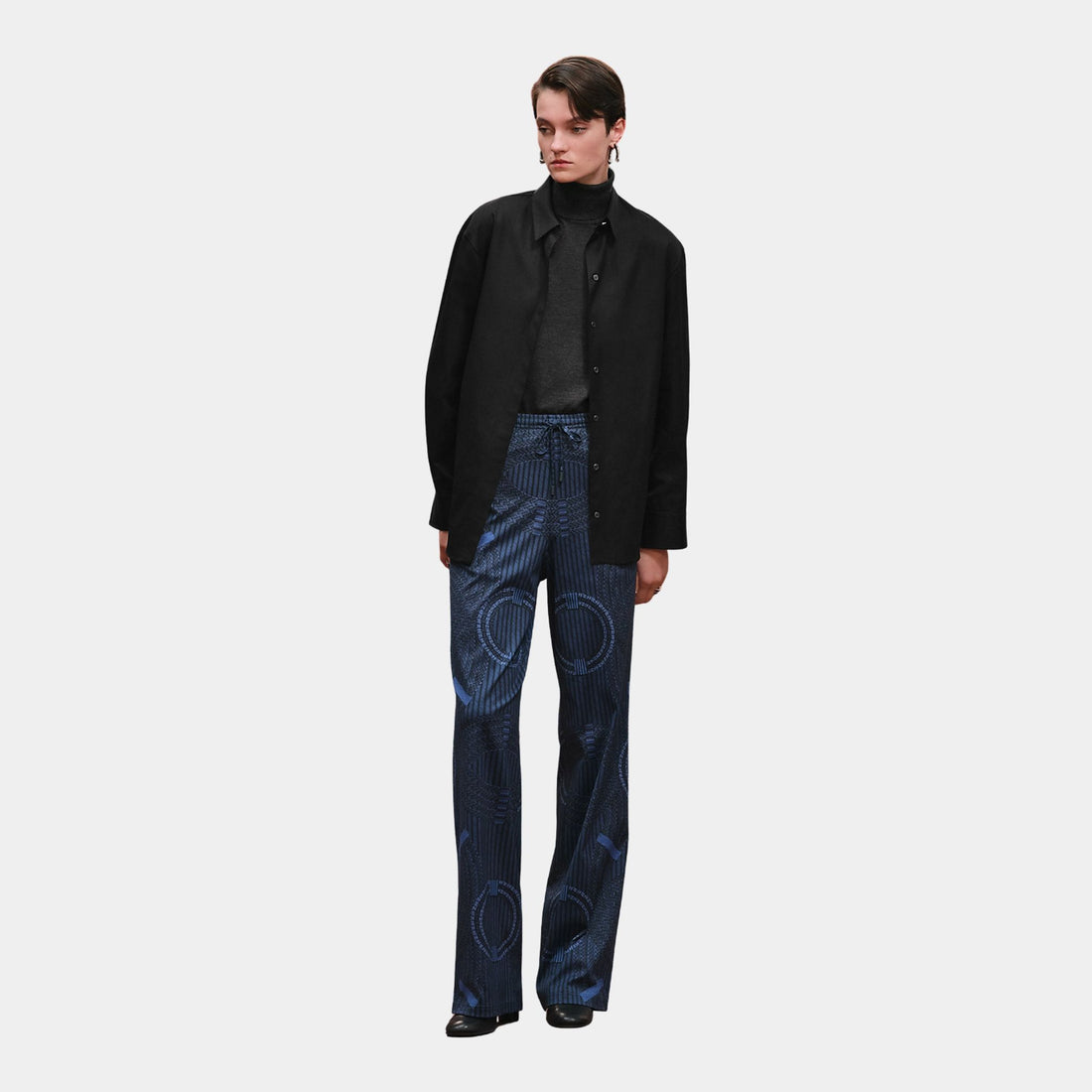 Hermes Dressage Tressage Flowy Pants, Bleu Ecre, Model, Front