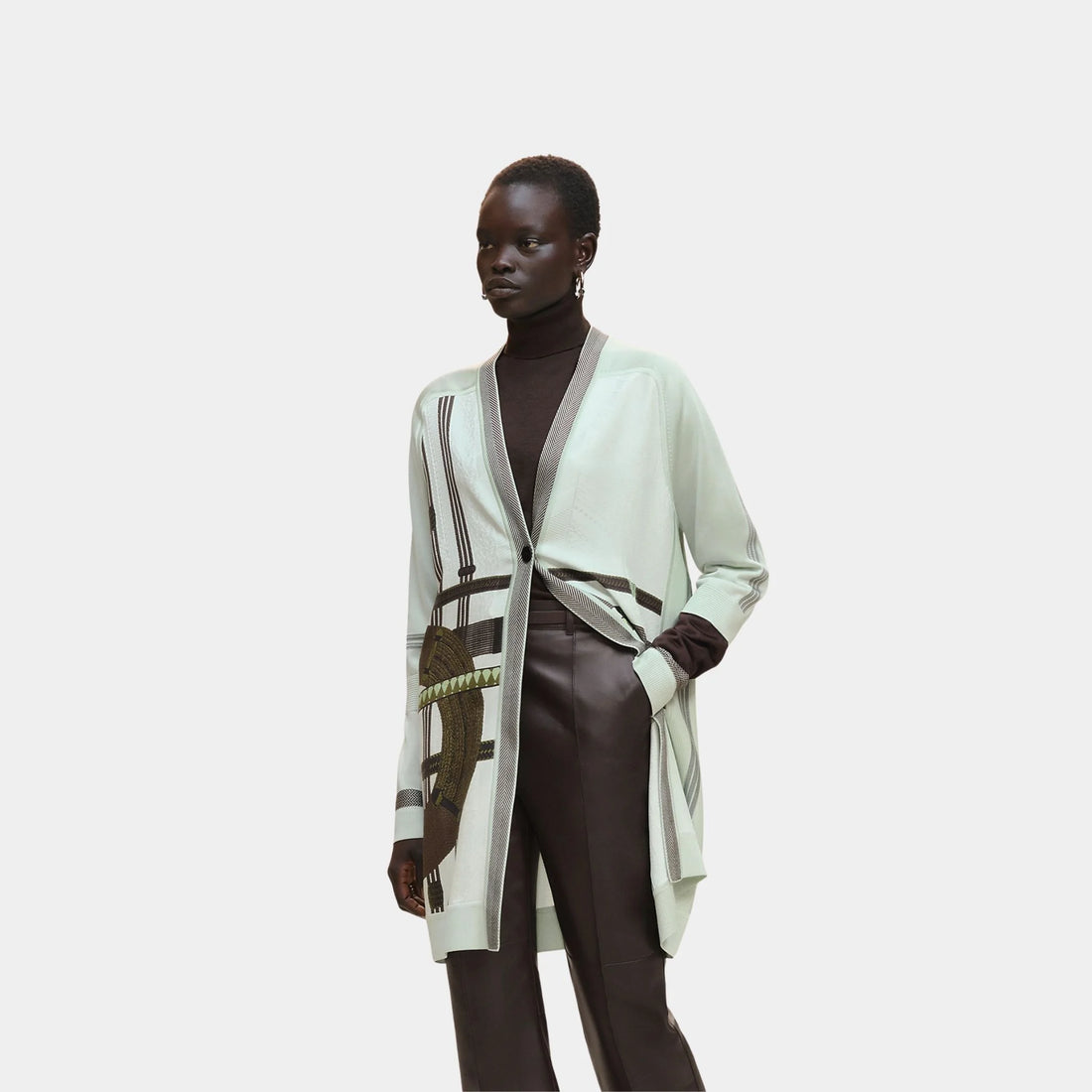 Hermes Dressage Tressage Long-sleeve Twillaine Cardigan, Vert Anis, Front