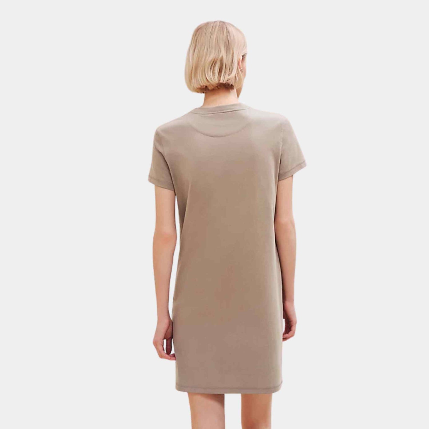 Hermes Embroidered Pocket Dress Gris / Etoupe, Back, Model