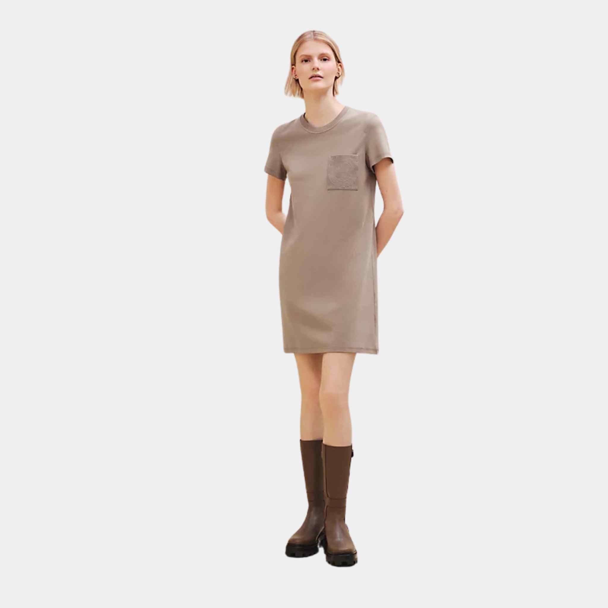 Hermes Embroidered Pocket Dress Gris / Etoupe, Front, Model