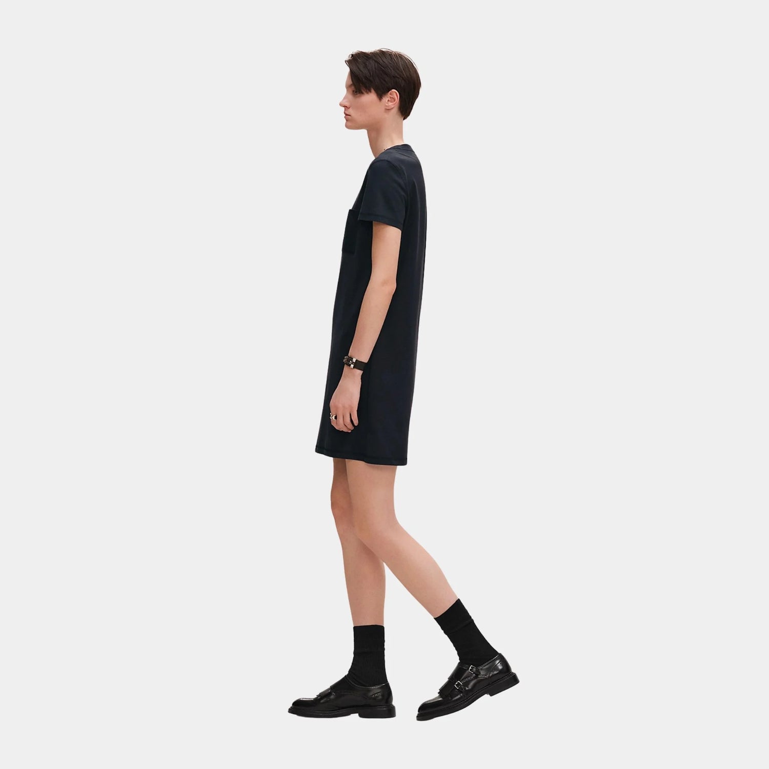Hermes Embroidered Pocket Dress in Plain Cotton Jersey, Bleu Noir, Side