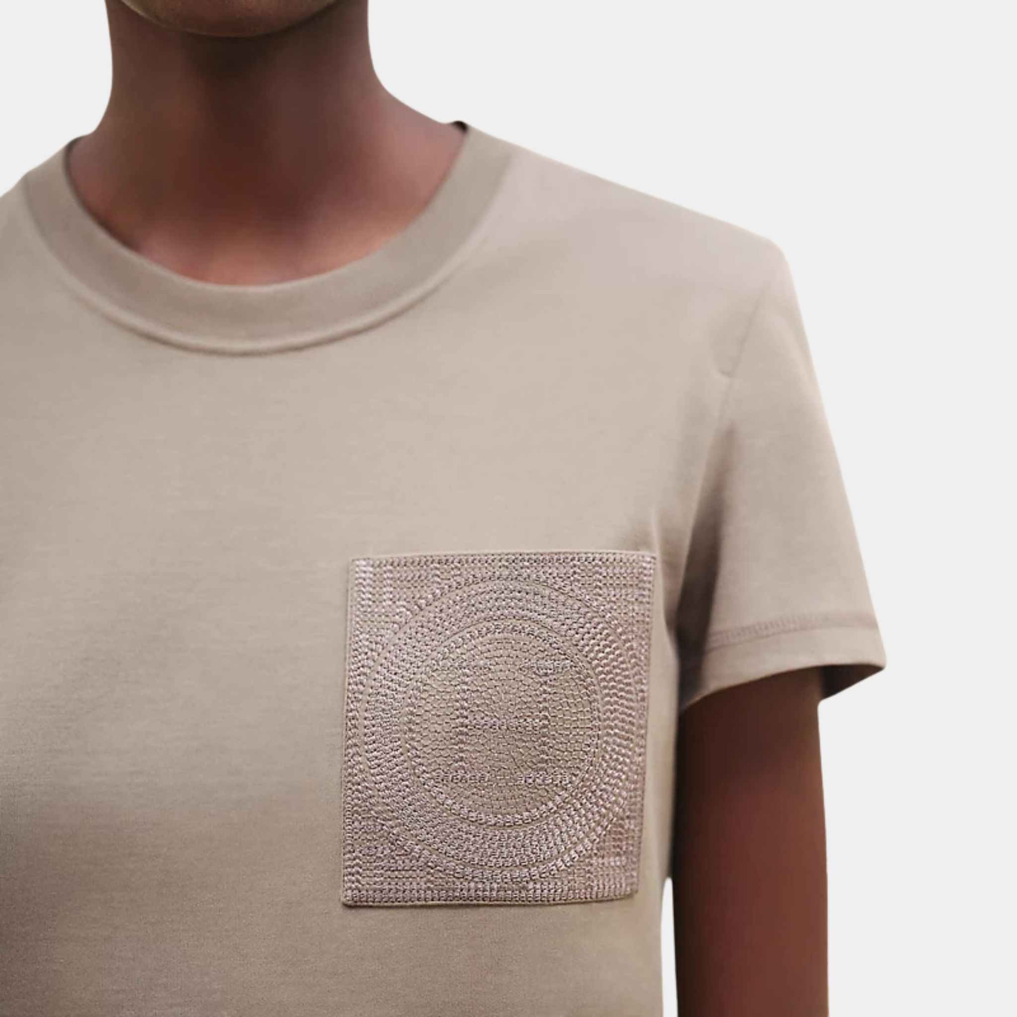 Hermes Embroidered Pocket T-Shirt Gris / Etoupe, Closeup, Front, Model