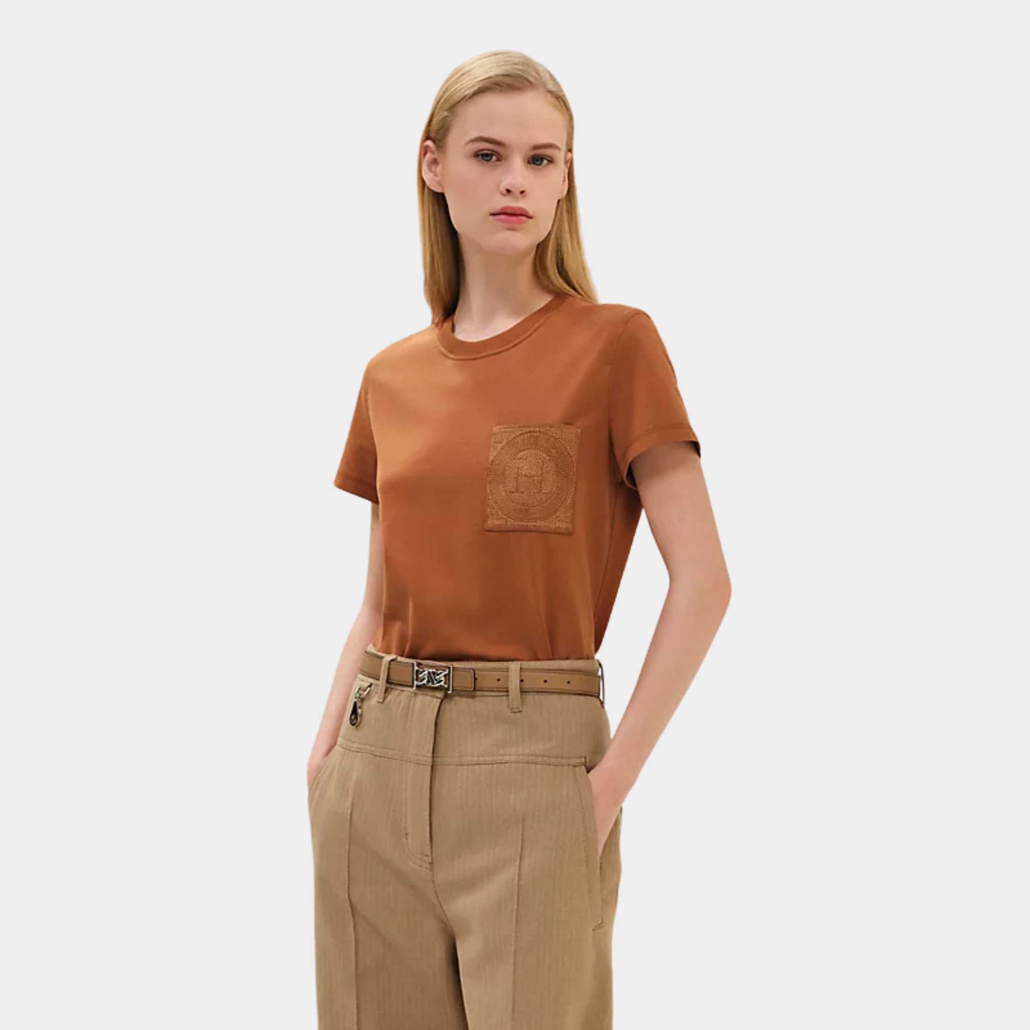 Hermes Embroidered Pocket T-shirt Marron Alezan, Front, Model