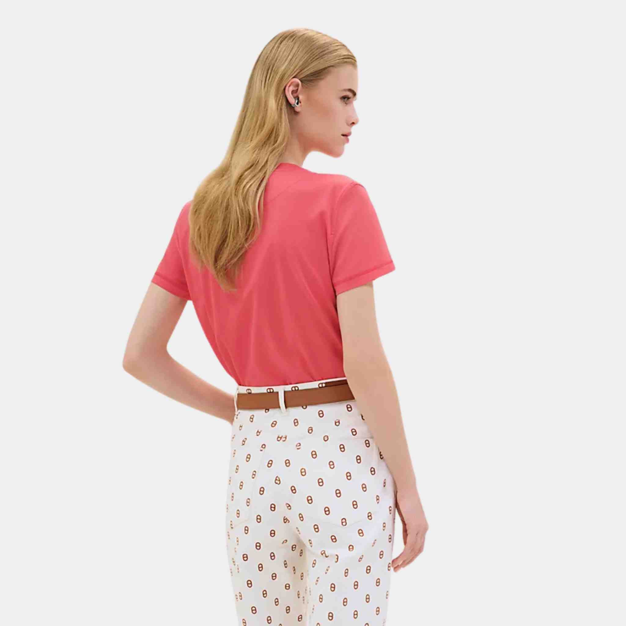 Hermes Embroidered Pocket T-shirt Rose Vermillon, back, Model