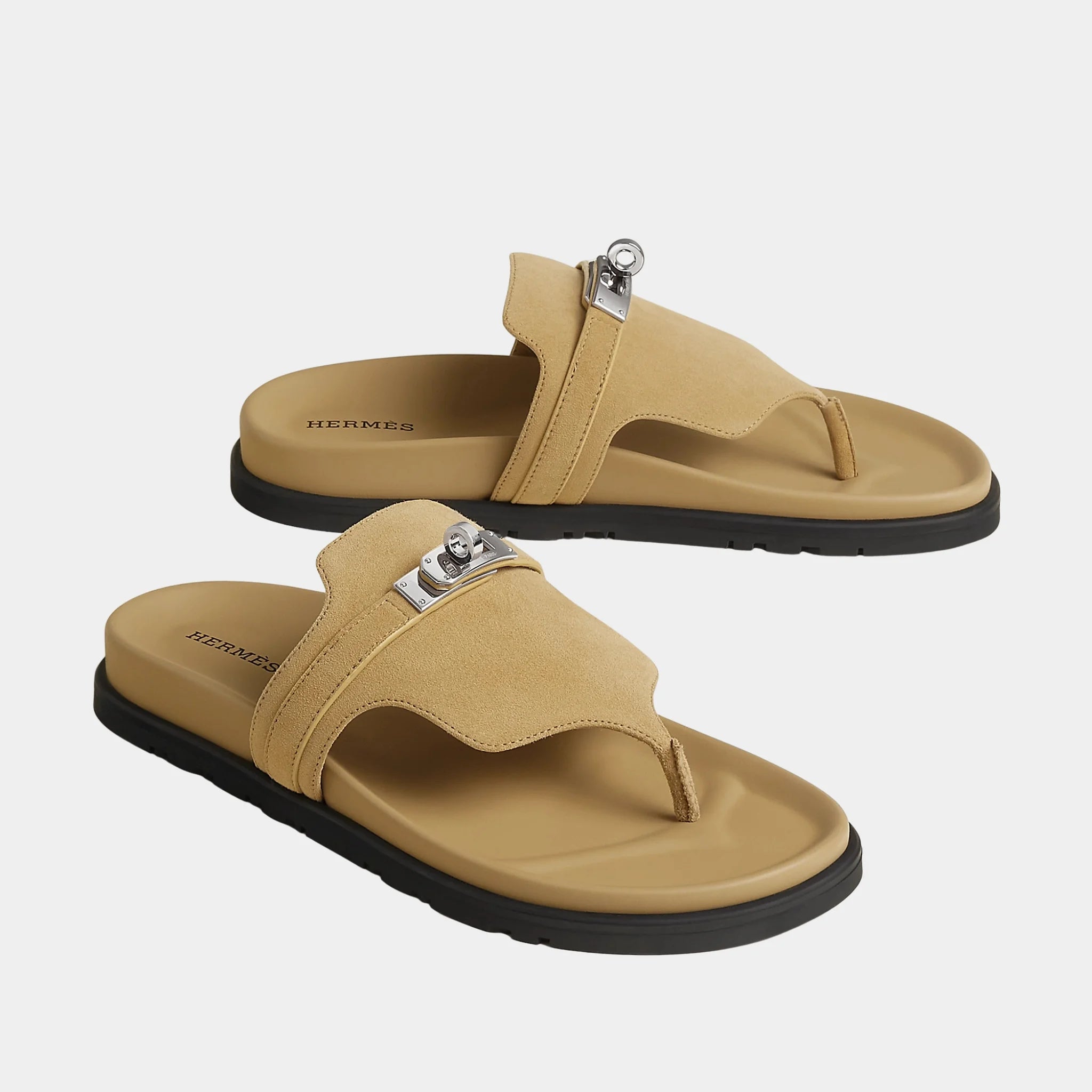 Hermes Empire Sandals in Suede Goatskin, Beige Albatre, Front