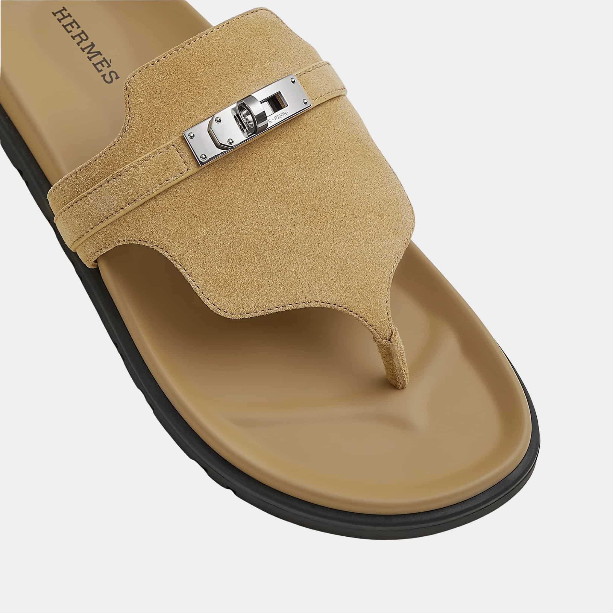 Hermes Empire Sandals in Suede Goatskin, Beige Albatre, Top