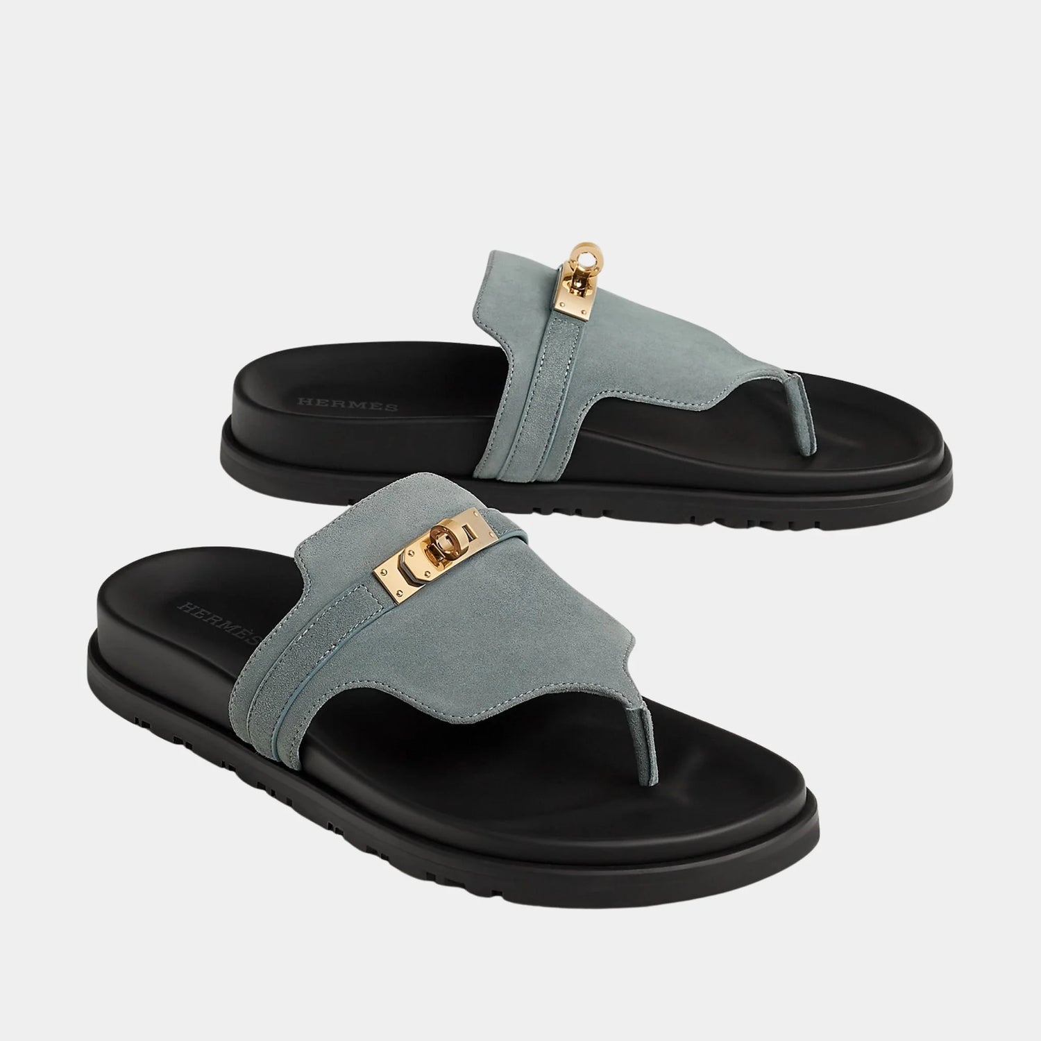 Hermes Empire Sandals in Suede Goatskin, Bleu Tonnere, Front