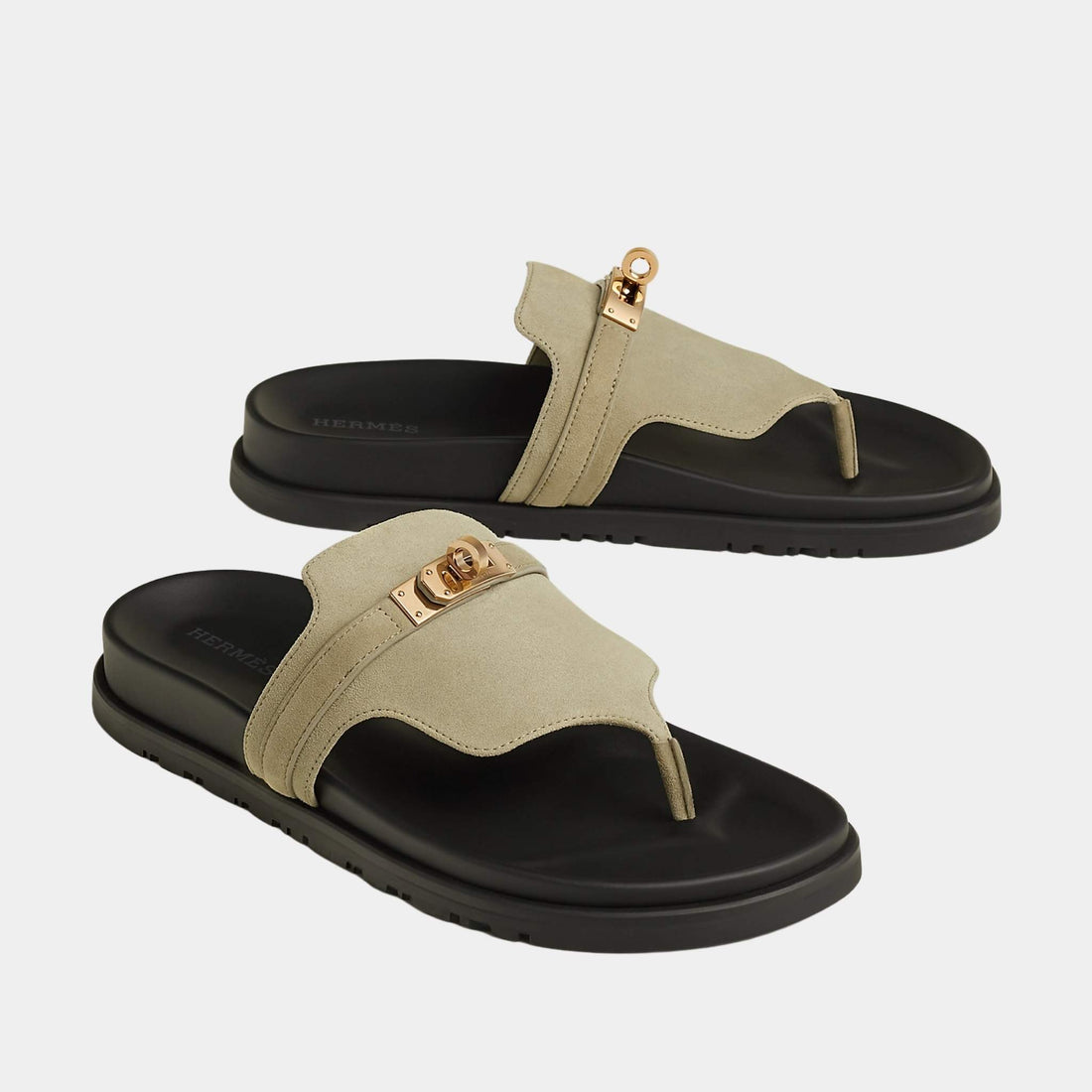Hermes Empire Sandals in Suede Goatskin, Mosaic Green, Front
